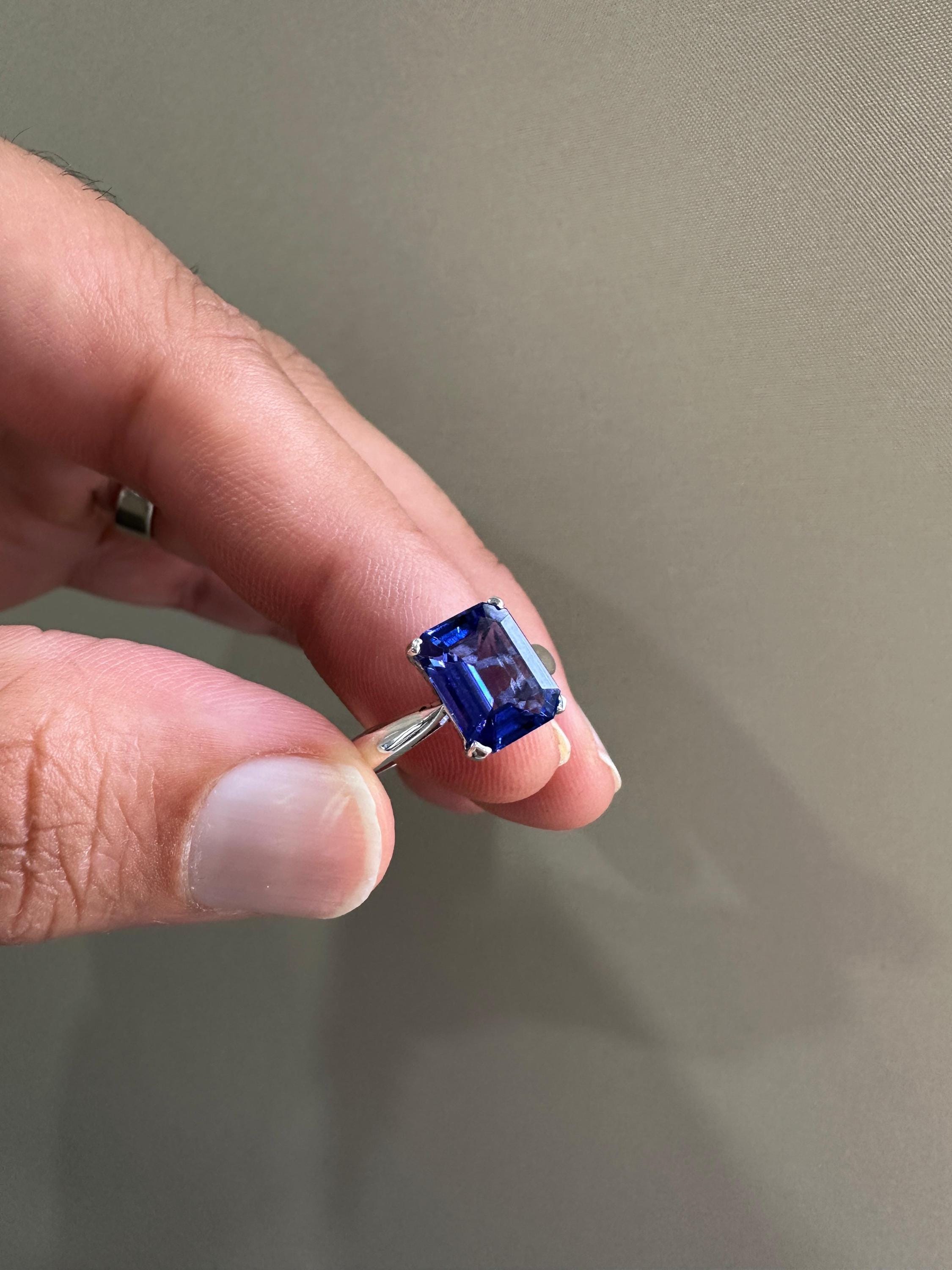 AAAA Tanzanite Engagement Ring | 14k White Gold Emerald Cut Solitaire