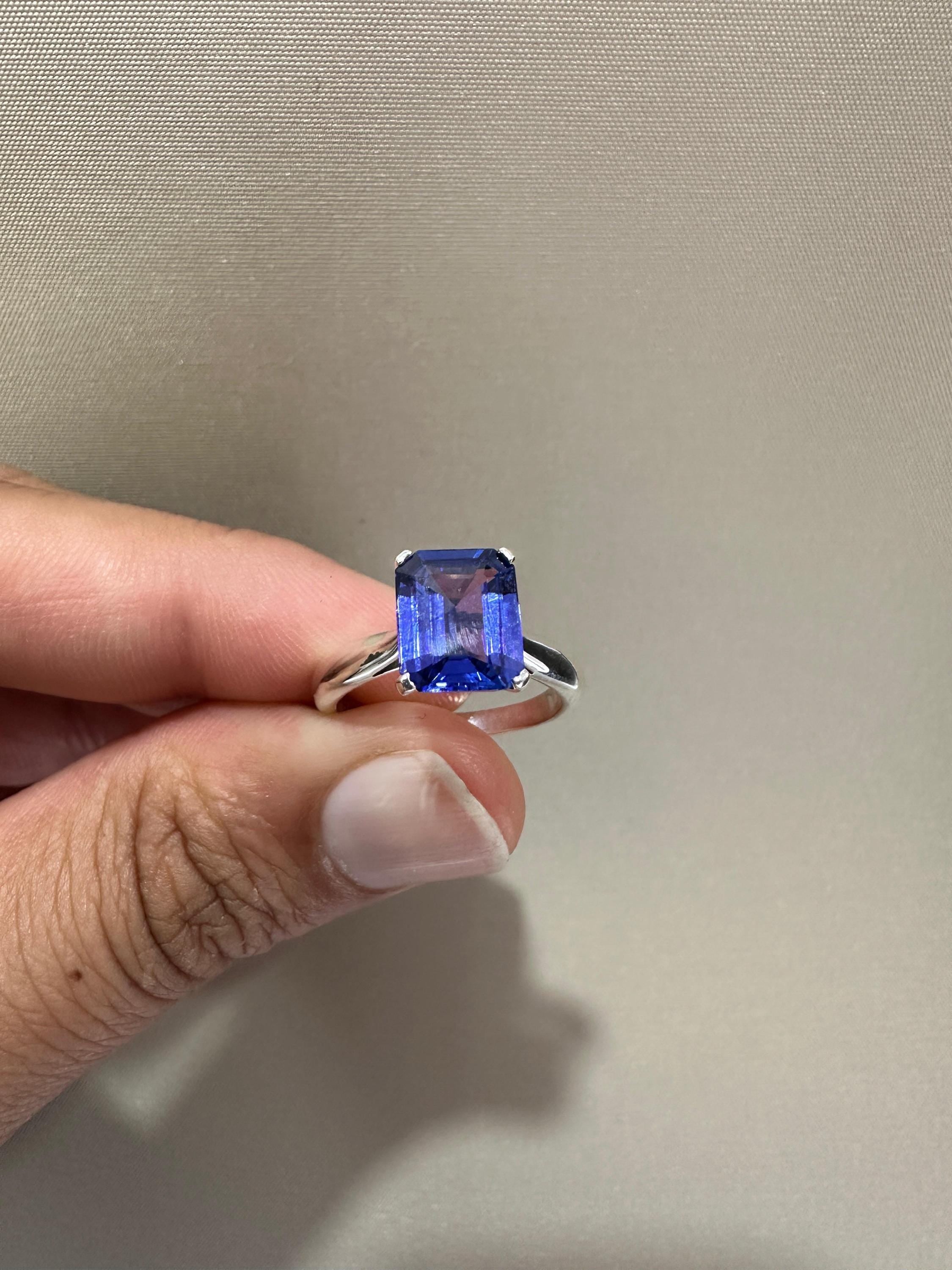 AAAA Tanzanite Engagement Ring | 14k White Gold Emerald Cut Solitaire