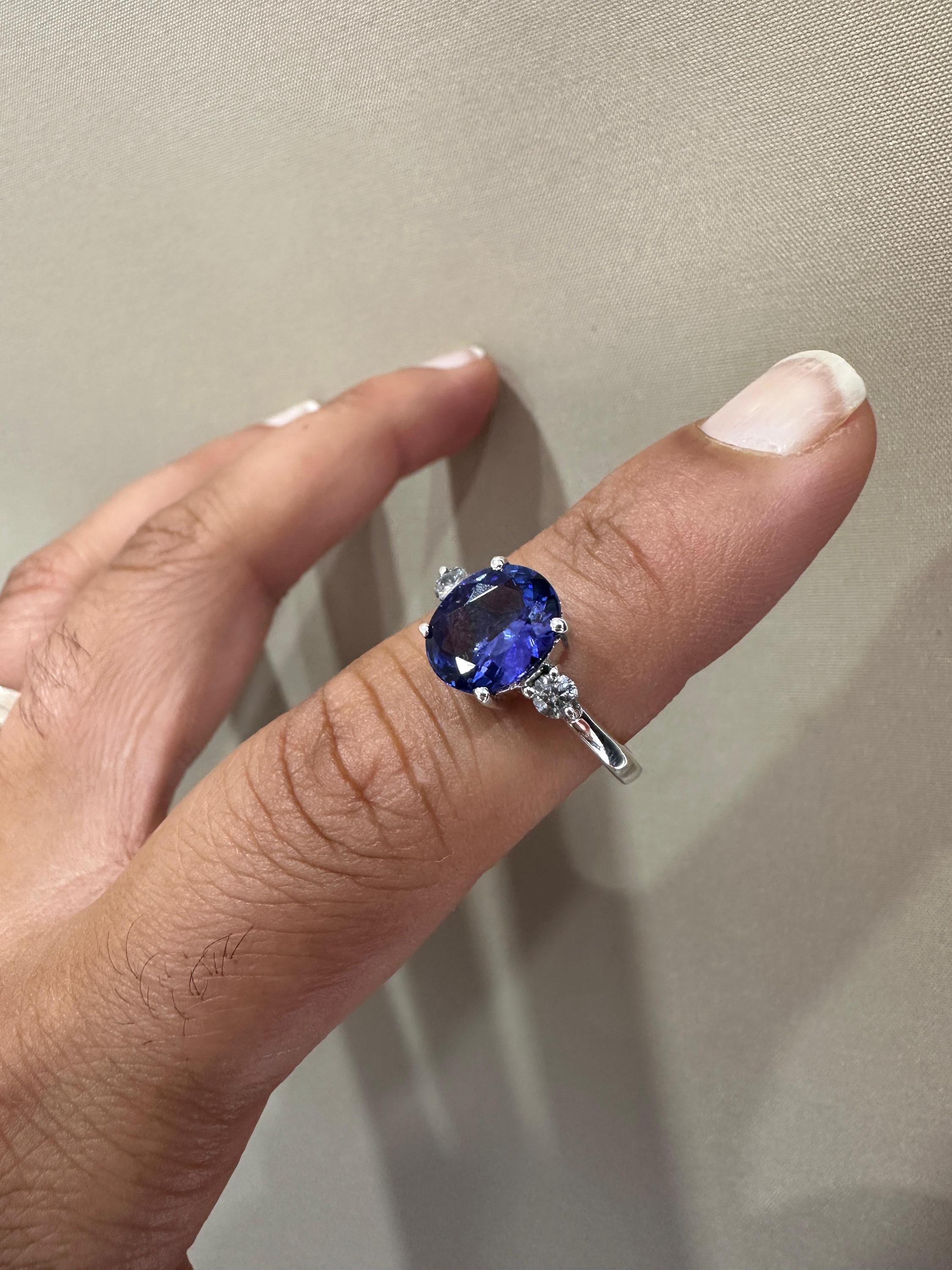 Exceptional Tanzanite Diamond Ring | 14k White Gold, Three Stone Bridal Ring for her