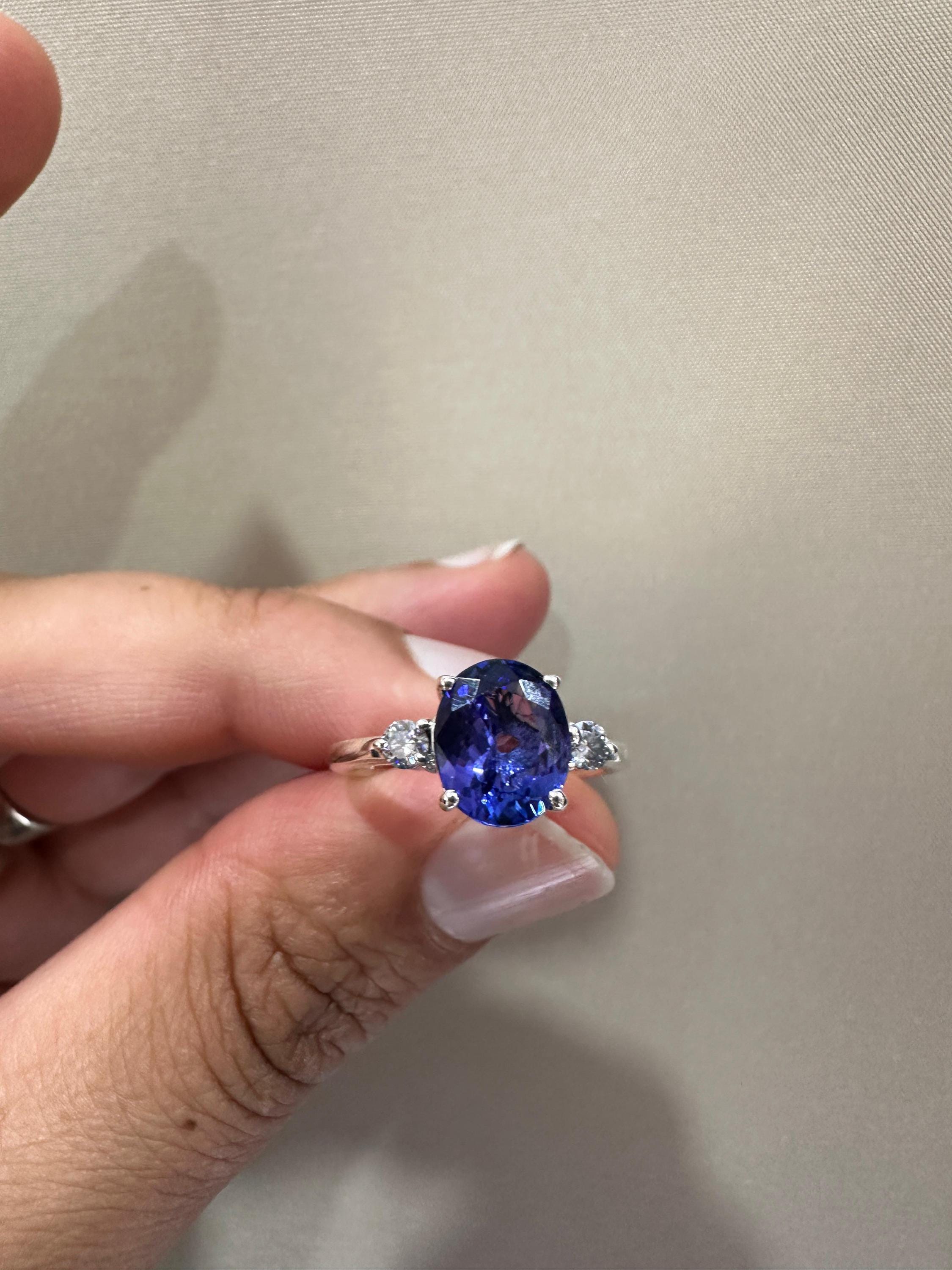 Exceptional Tanzanite Diamond Ring | 14k White Gold, Three Stone Bridal Ring for her