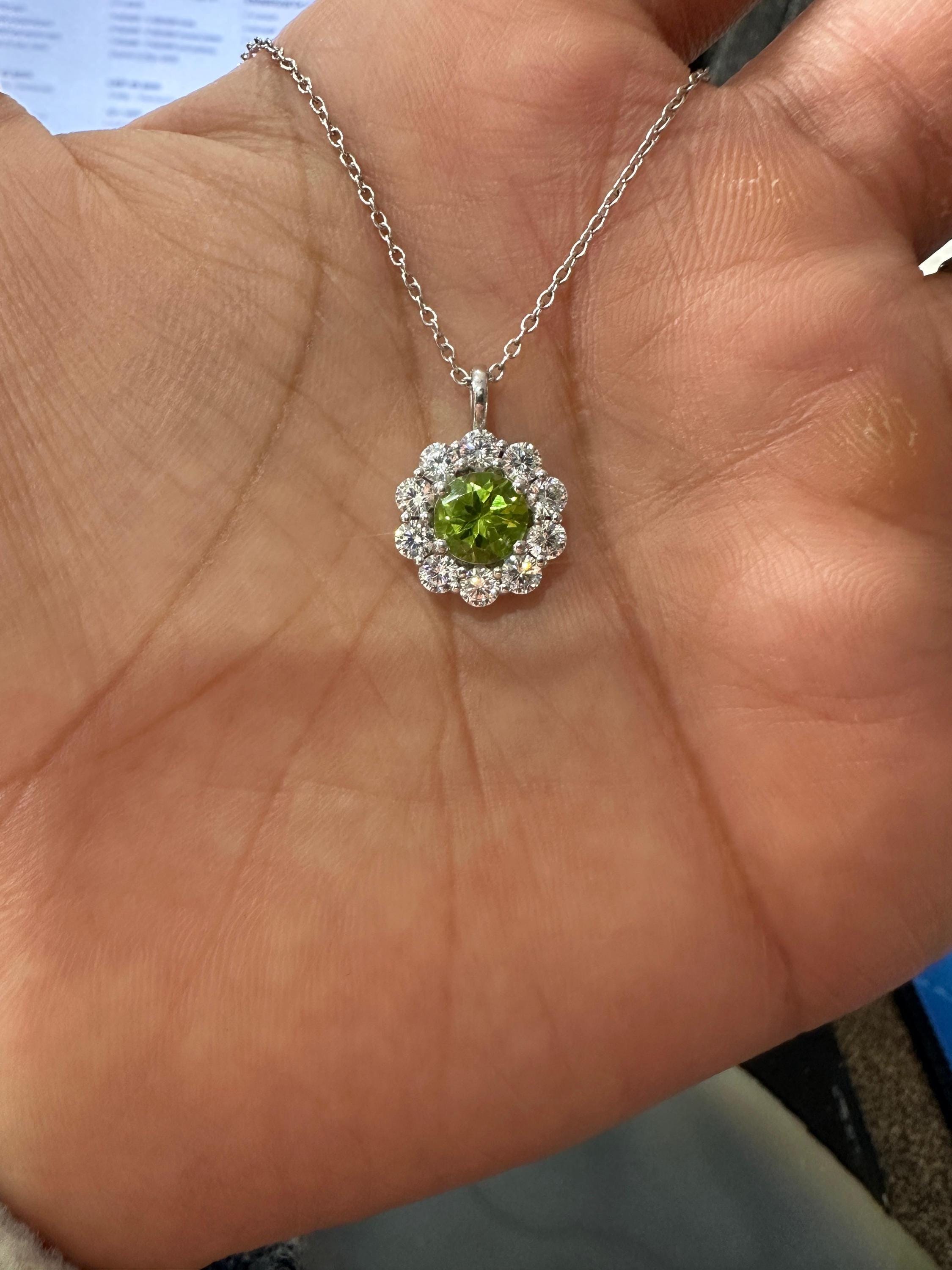 Natural Peridot Moissanite Halo Pendant | 925 Sterling Silver, Elegant gift or her