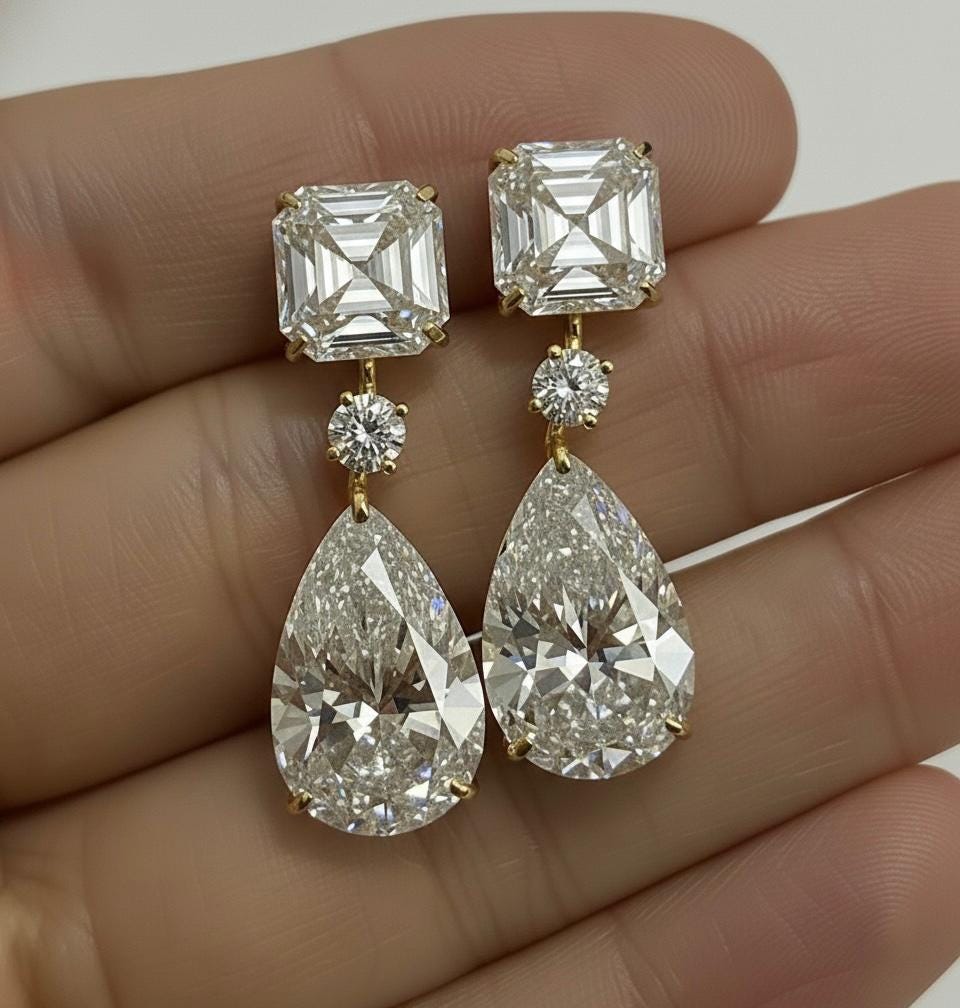 Statement Moissanite Dangle Drop Earrings: Asscher & Pear Cut, 925 Silver Gold Vermeil Wedding Jewelry