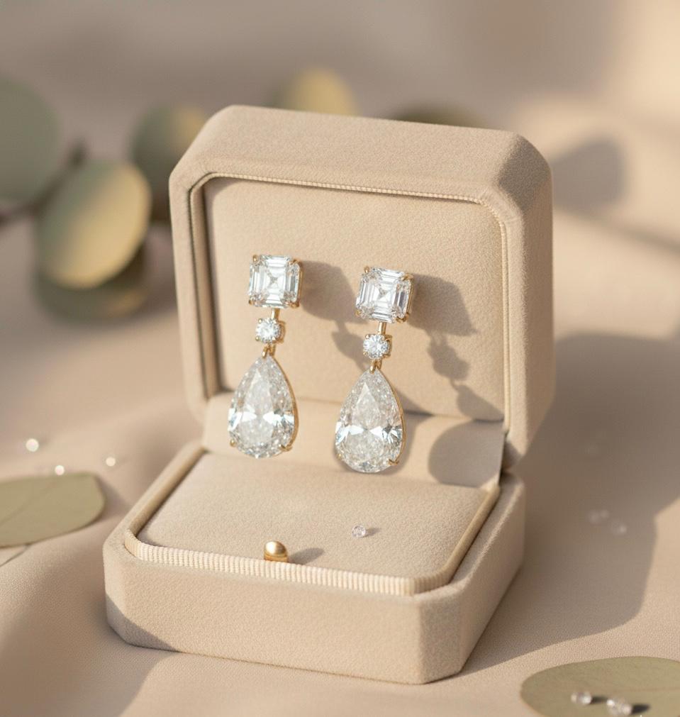 Statement Moissanite Dangle Drop Earrings: Asscher & Pear Cut, 925 Silver Gold Vermeil Wedding Jewelry