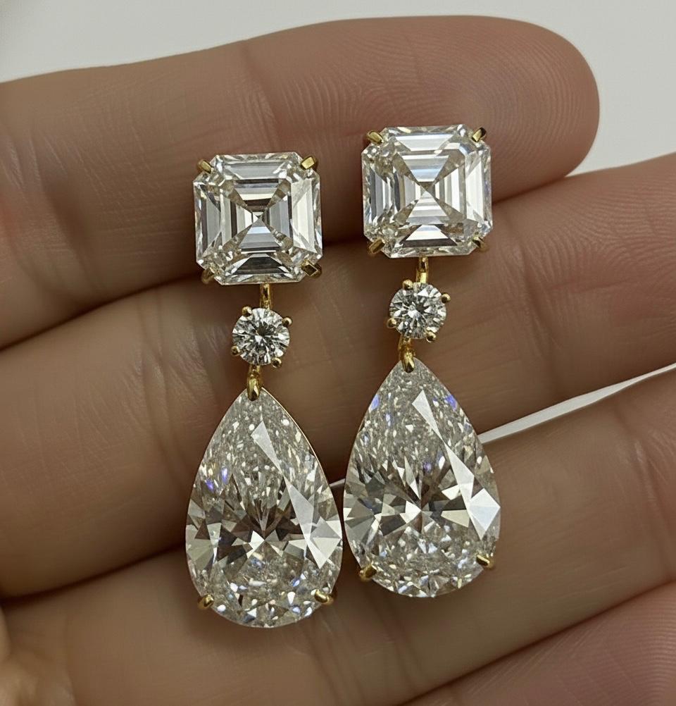 Statement Moissanite Dangle Drop Earrings: Asscher & Pear Cut, 925 Silver Gold Vermeil Wedding Jewelry