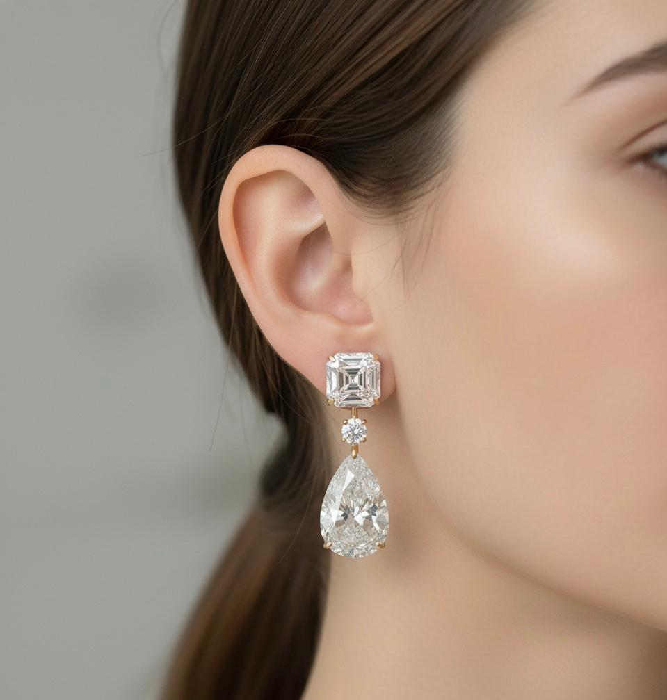 Statement Moissanite Dangle Drop Earrings: Asscher & Pear Cut, 925 Silver Gold Vermeil Wedding Jewelry