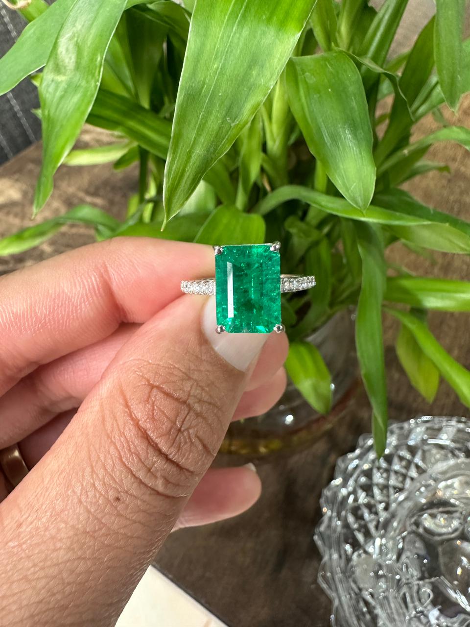 Lab Grown Colombian Emerald Ring | 14K White Gold, Diamond Anniversary Ring