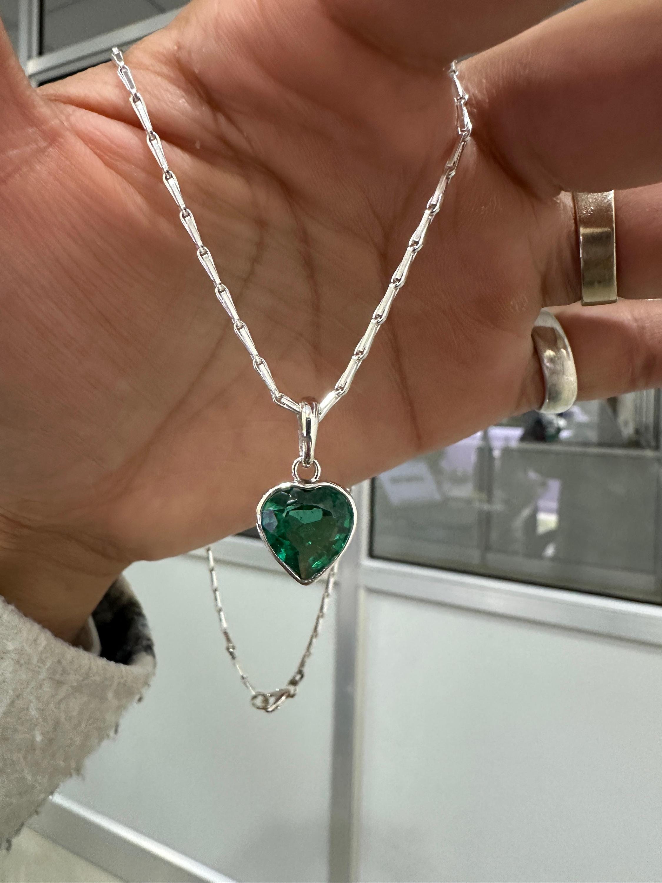 Heart Shaped Emerald Solitaire Pendant | Handmade 925 Sterling Silver Necklace