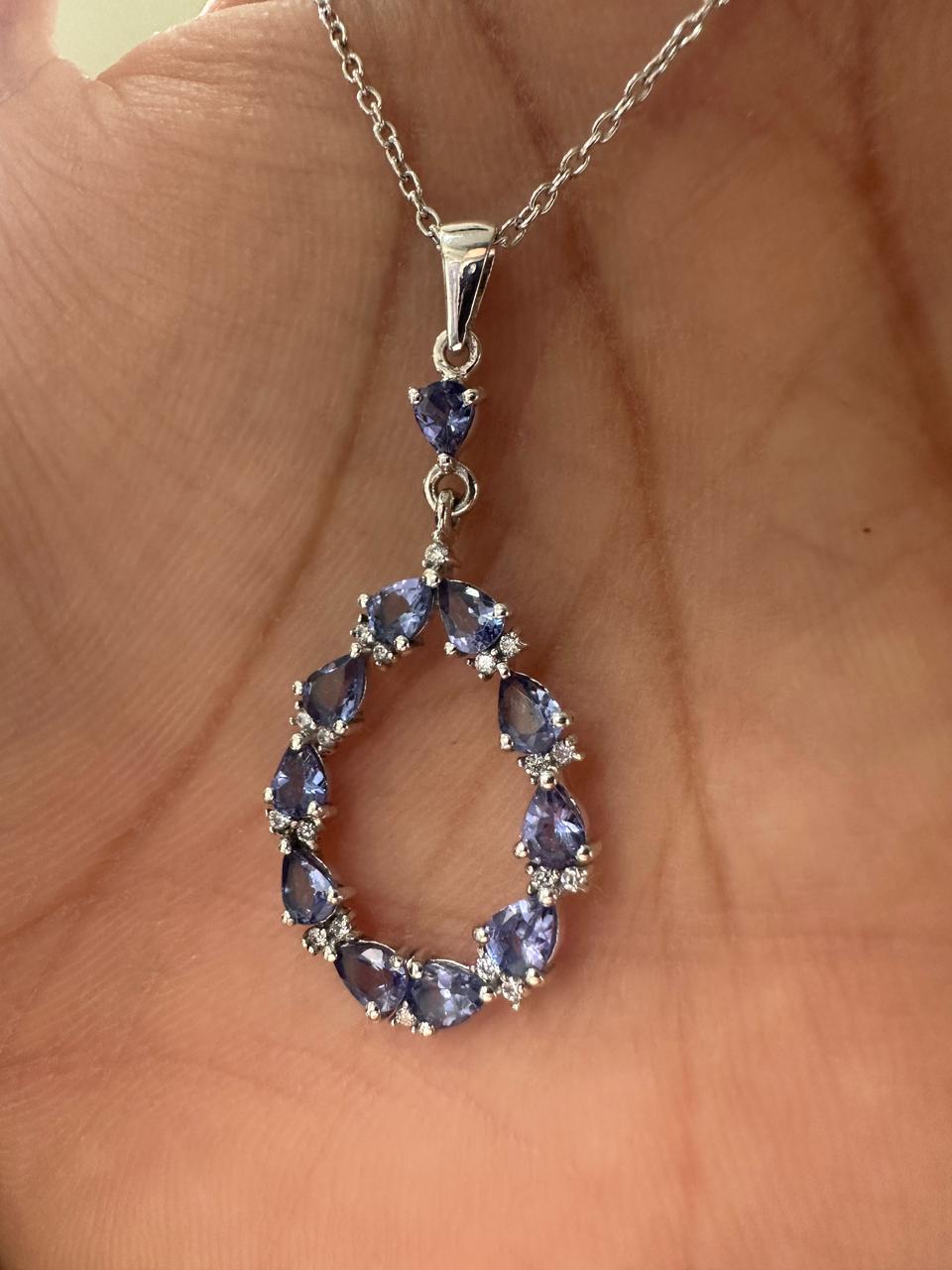 Tanzanite Pear Cut Drop Pendant Necklace, 925 Sterling Silver, Moissanite Accents