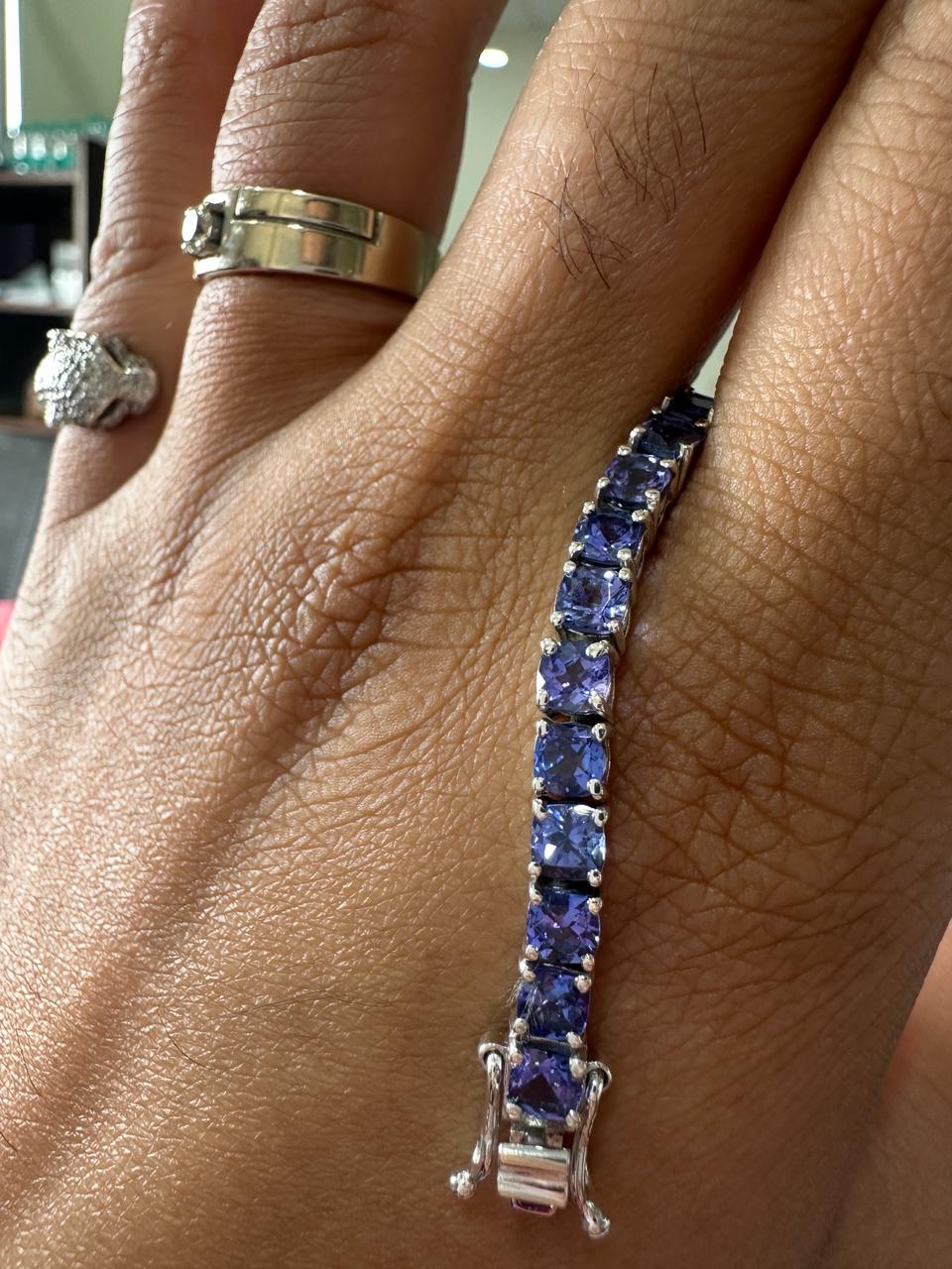 Natural Tanzanite Cushion Cut Tennis Bracelet | 10CT 14K White Gold Blue Violet Gemstone