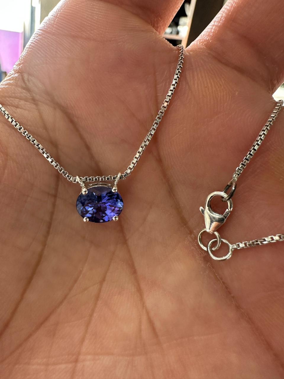 Natural Tanzanite Oval Solitaire Pendant Necklace | 14K White Gold, Blue Violet Gemstone, East-West Setting