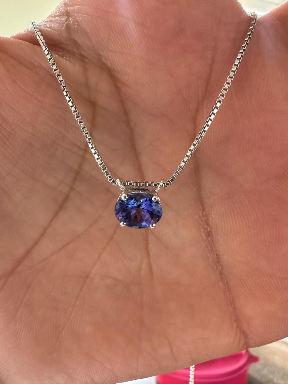 Natural Tanzanite Oval Solitaire Pendant Necklace | 14K White Gold, Blue Violet Gemstone, East-West Setting