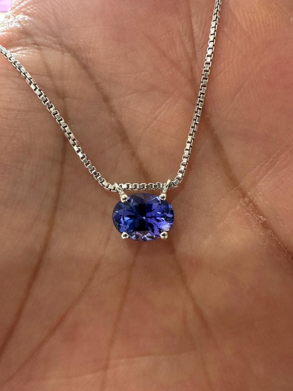 Natural Tanzanite Oval Solitaire Pendant Necklace | 14K White Gold, Blue Violet Gemstone, East-West Setting