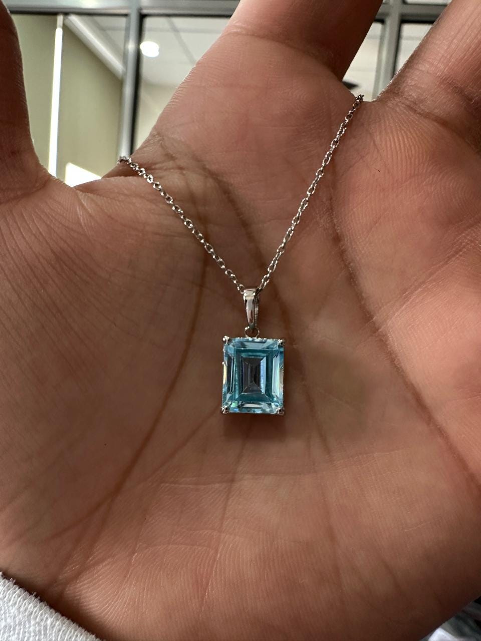 5CT Emerald Cut Aquamarine Pendant | 14K White Gold Necklace, March Birthstone