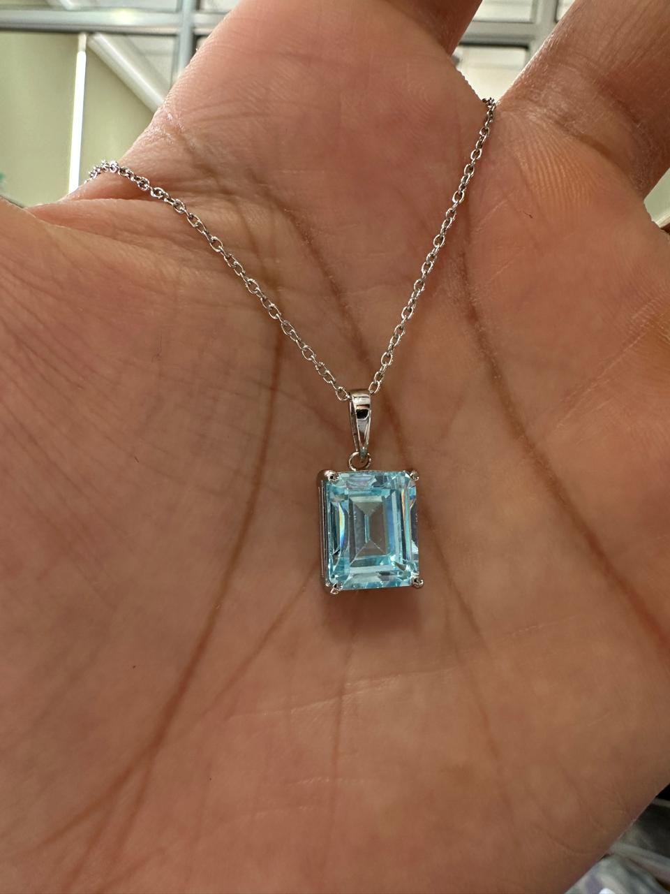5CT Emerald Cut Aquamarine Pendant | 14K White Gold Necklace, March Birthstone