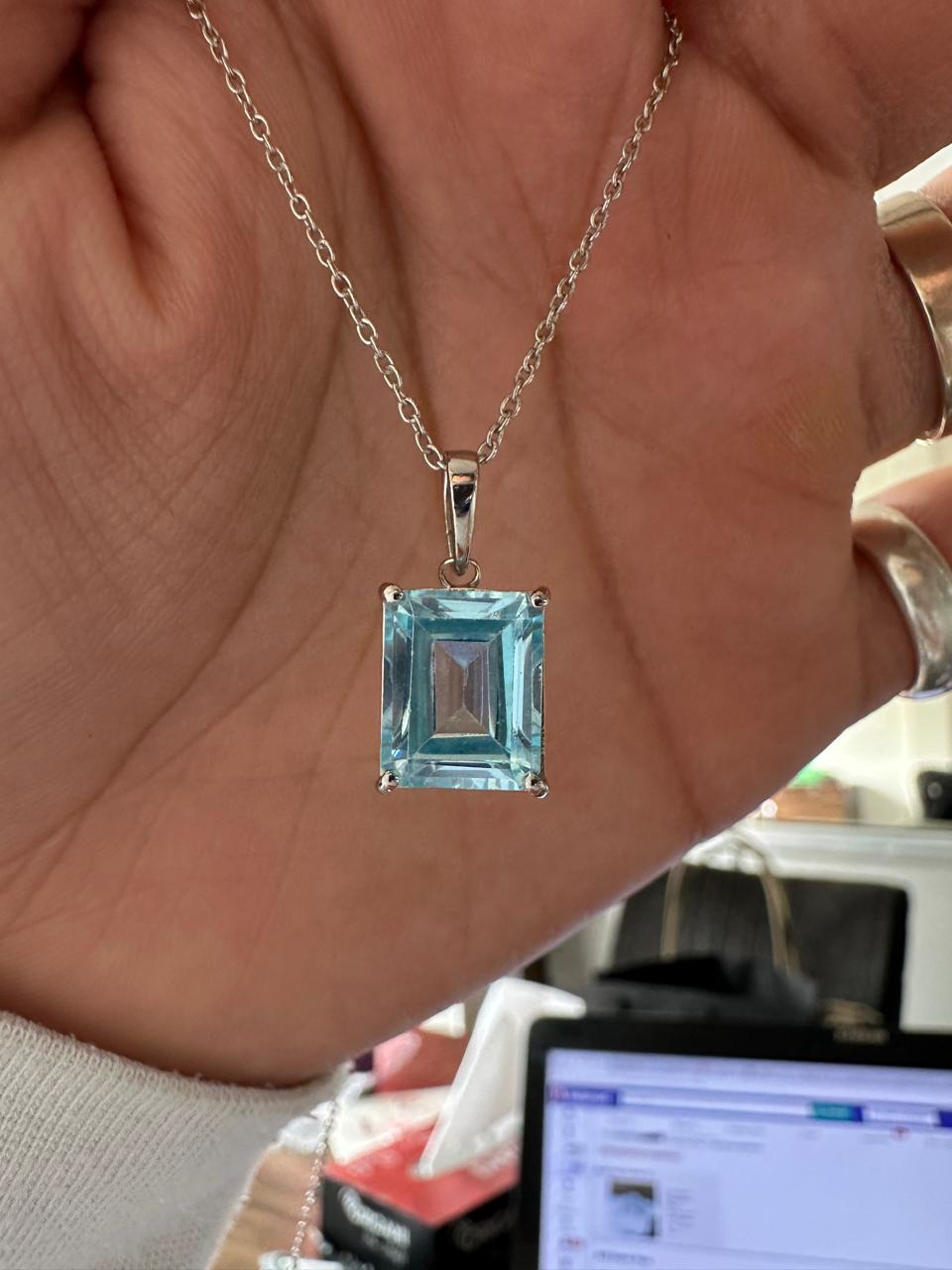 5CT Emerald Cut Aquamarine Pendant | 14K White Gold Necklace, March Birthstone