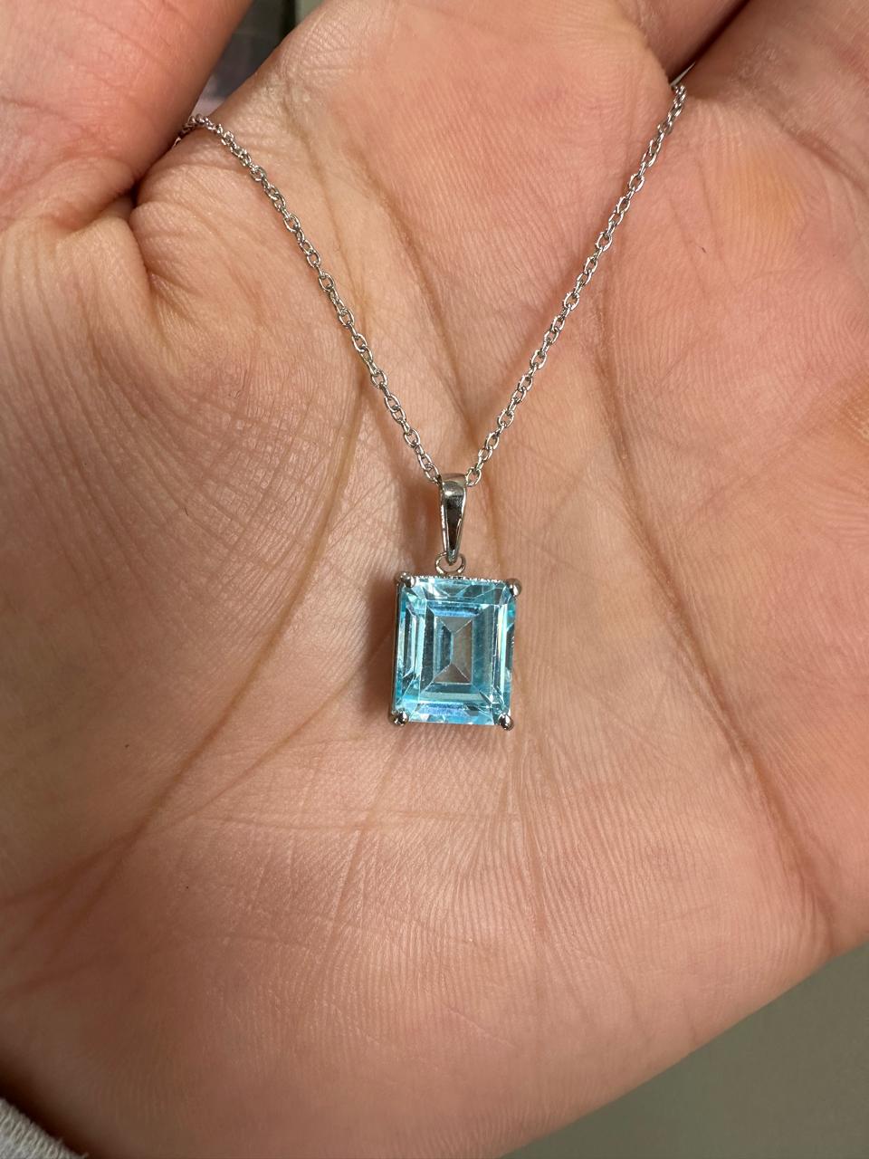 5CT Emerald Cut Aquamarine Pendant | 14K White Gold Necklace, March Birthstone
