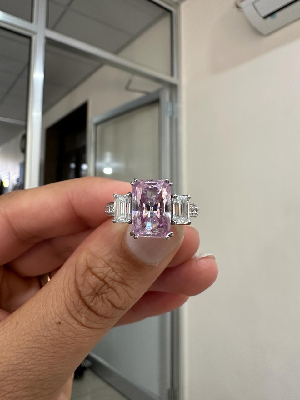 Radiant Lavender Moissanite Engagement Ring | 5 Carat Three Stone 10K White Gold Ring