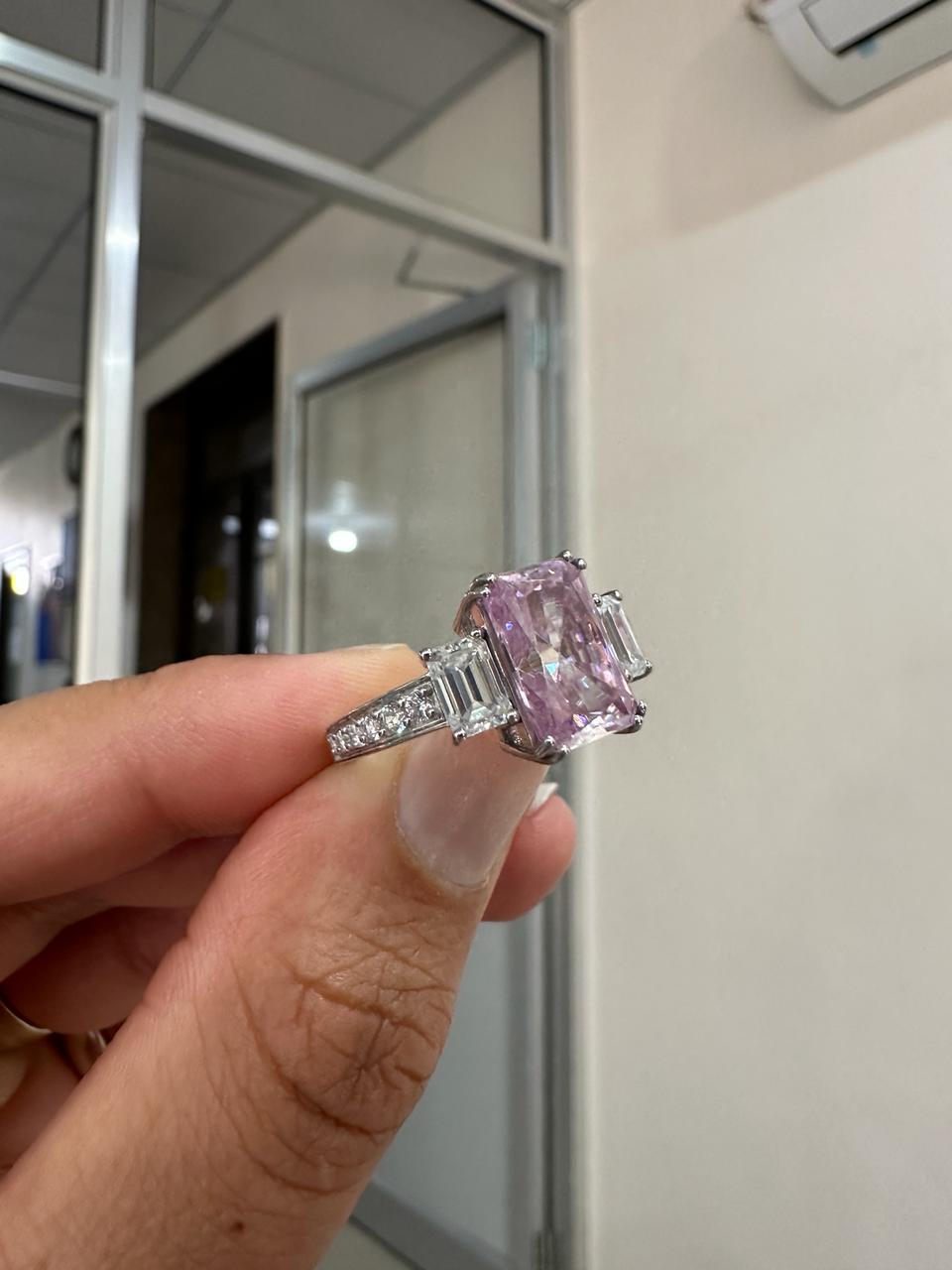 Radiant Lavender Moissanite Engagement Ring | 5 Carat, 10K White Gold, Three Stone Ring