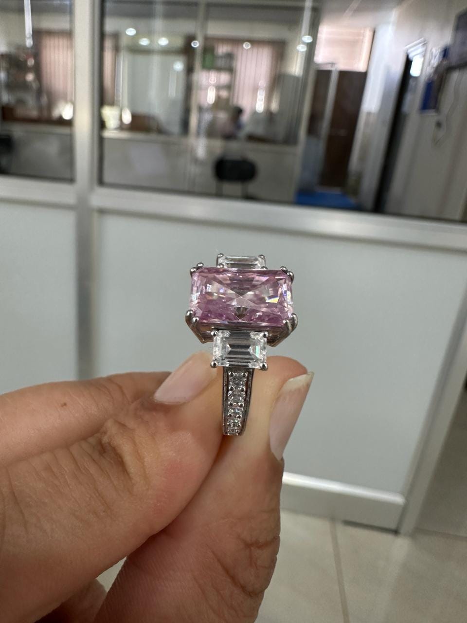 Radiant Lavender Moissanite Engagement Ring | 5 Carat Three Stone 10K White Gold Ring