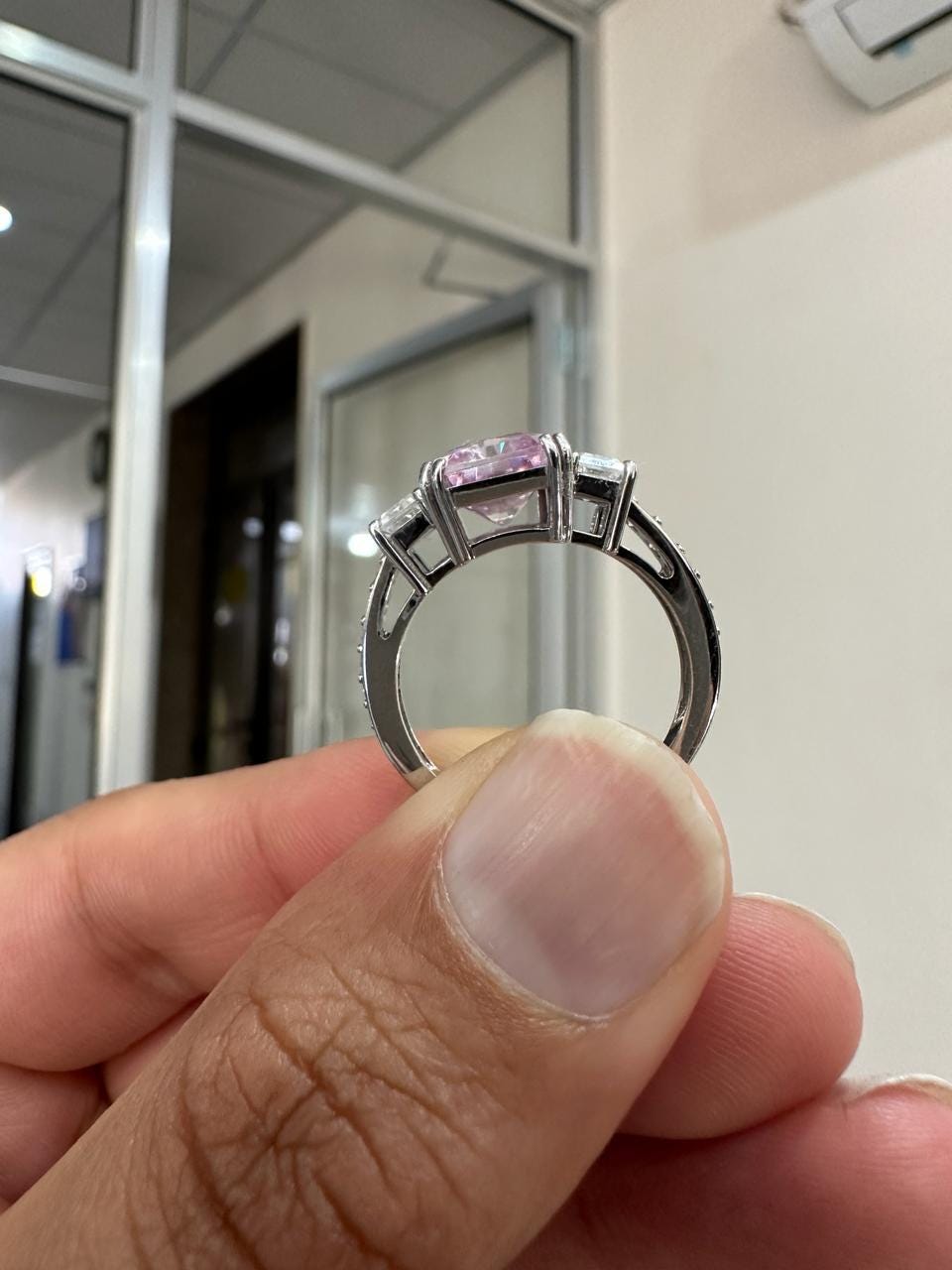 Radiant Lavender Moissanite Engagement Ring | 5 Carat Three Stone 10K White Gold Ring