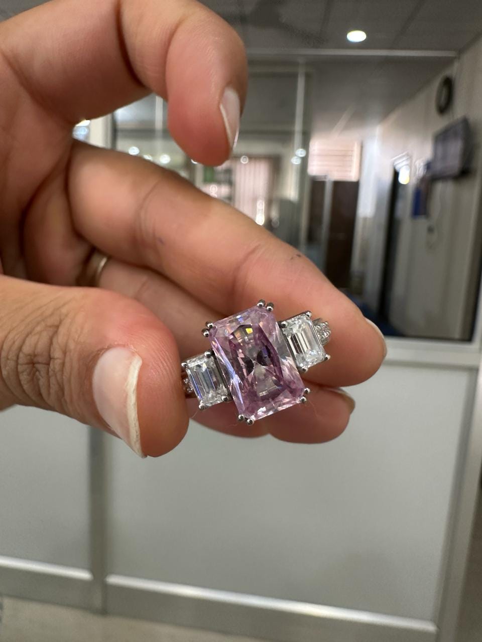Radiant Lavender Moissanite Engagement Ring | 5 Carat Three Stone 10K White Gold Ring