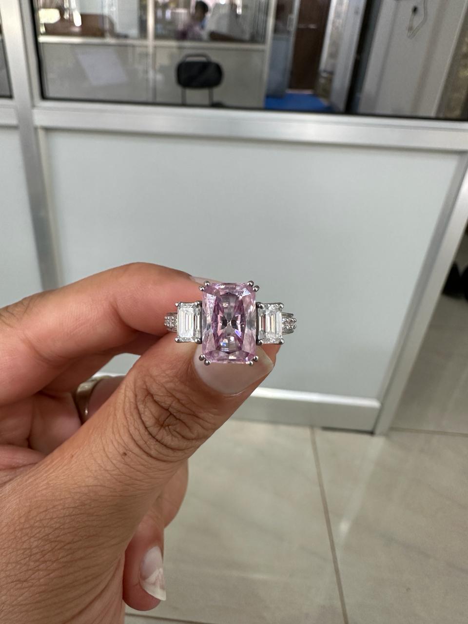 Radiant Lavender Moissanite Engagement Ring | 5 Carat Three Stone 10K White Gold Ring