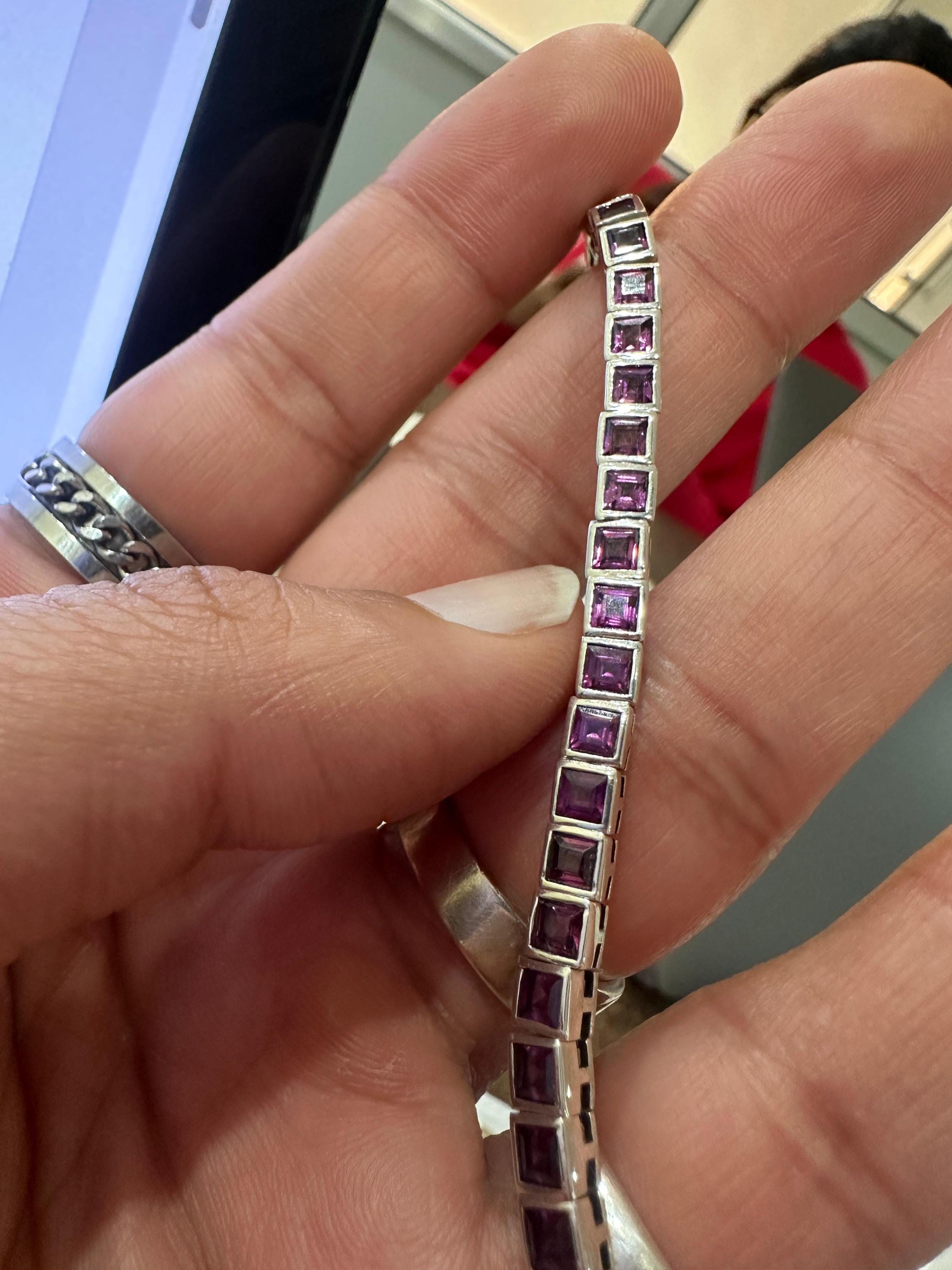Royal Pink Rhodolite Tennis Bracelet | 925 Sterling Silver Finish, Bezel Set, Gift for him