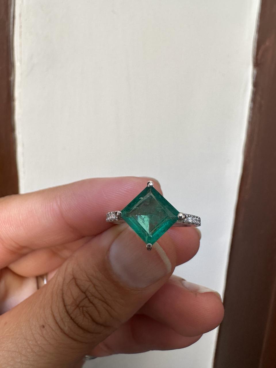 Princess Cut Emerald Engagement Ring | 14K White Gold, Moissanite Pavé