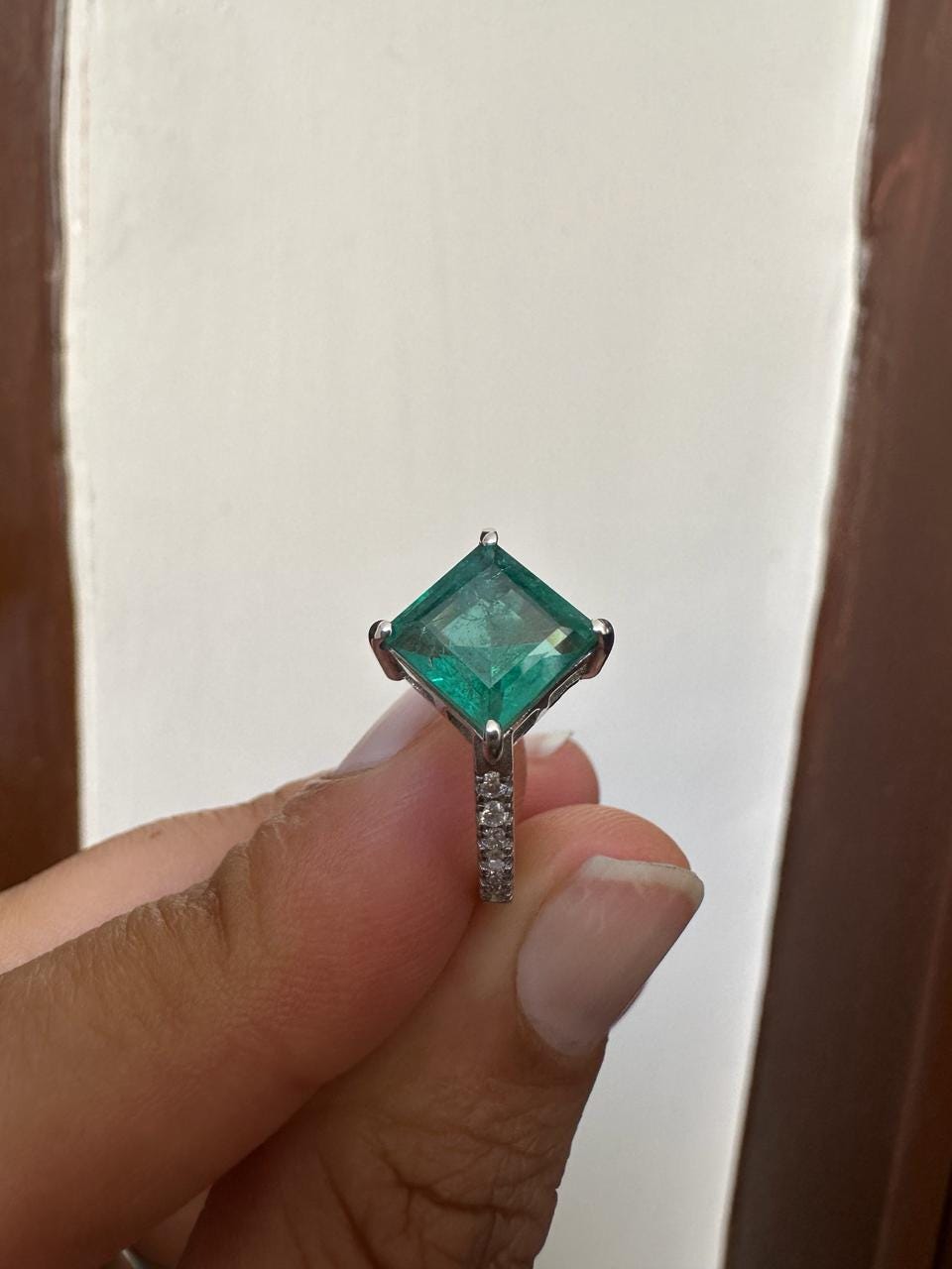 Princess Cut Emerald Engagement Ring | 14K White Gold, Moissanite Pavé
