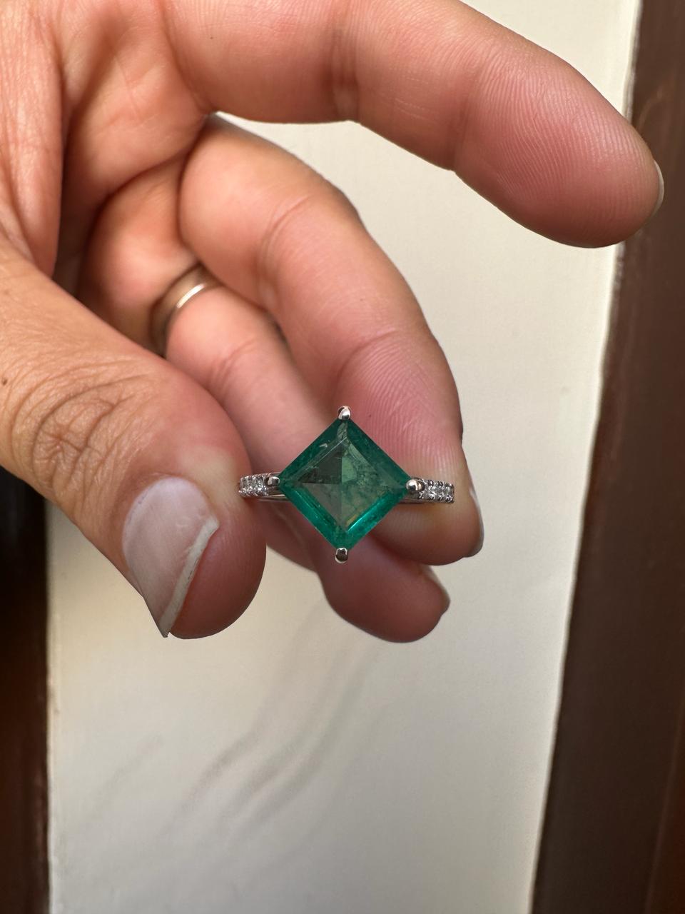 Princess Cut Emerald Engagement Ring | 14K White Gold, Moissanite Pavé