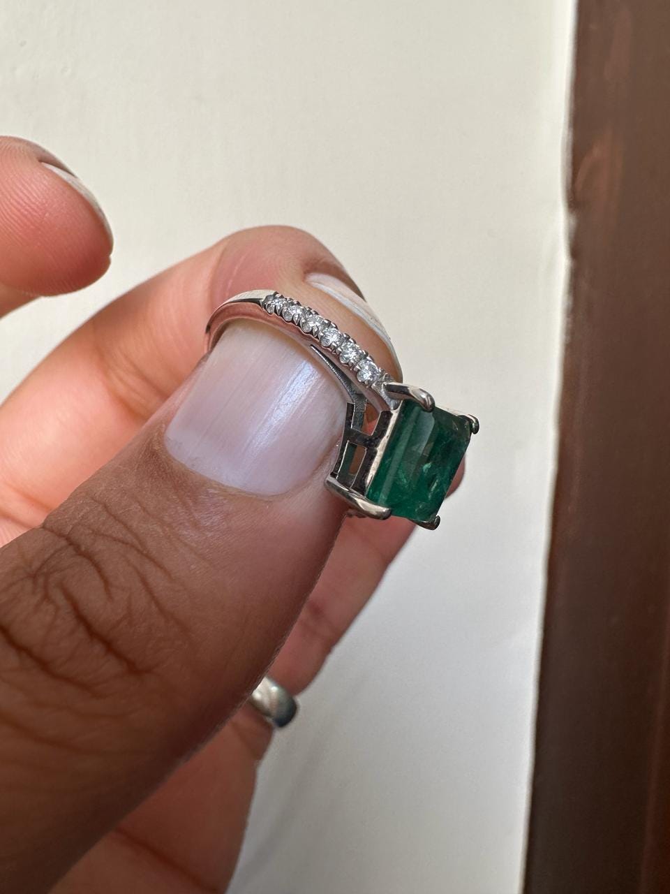 Princess Cut Emerald Engagement Ring | 14K White Gold, Moissanite Pavé