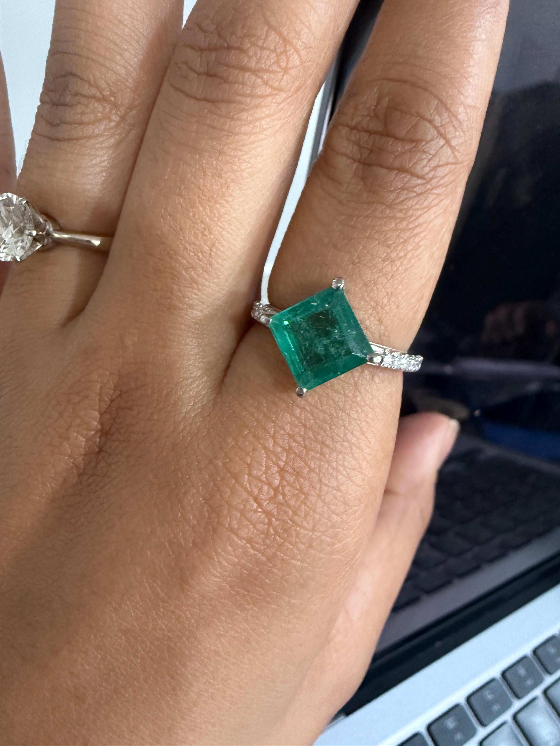 Princess Cut Emerald Engagement Ring | 14K White Gold, Moissanite Pavé