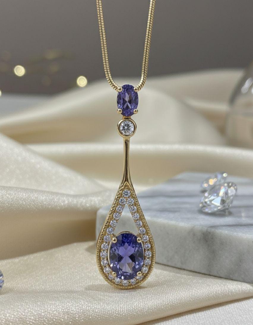 14k Tanzanite Drop Pendant Necklace for Women | Unique Anniversary Gift