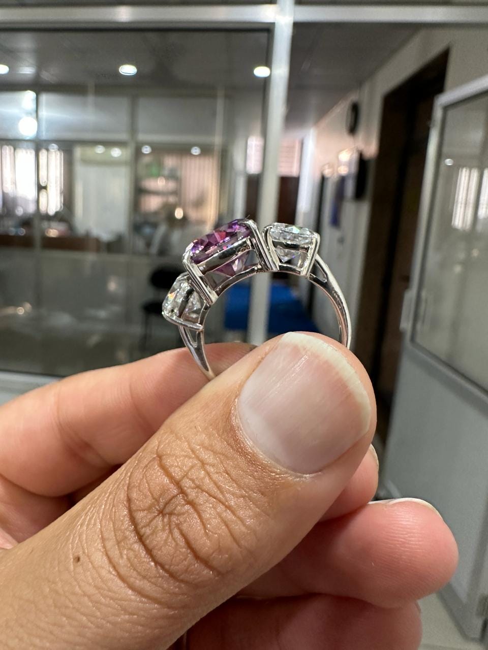 Purple Cushion Moissanite Engagement Ring | 14k Gold | Modern Wedding Three-Stone Ring