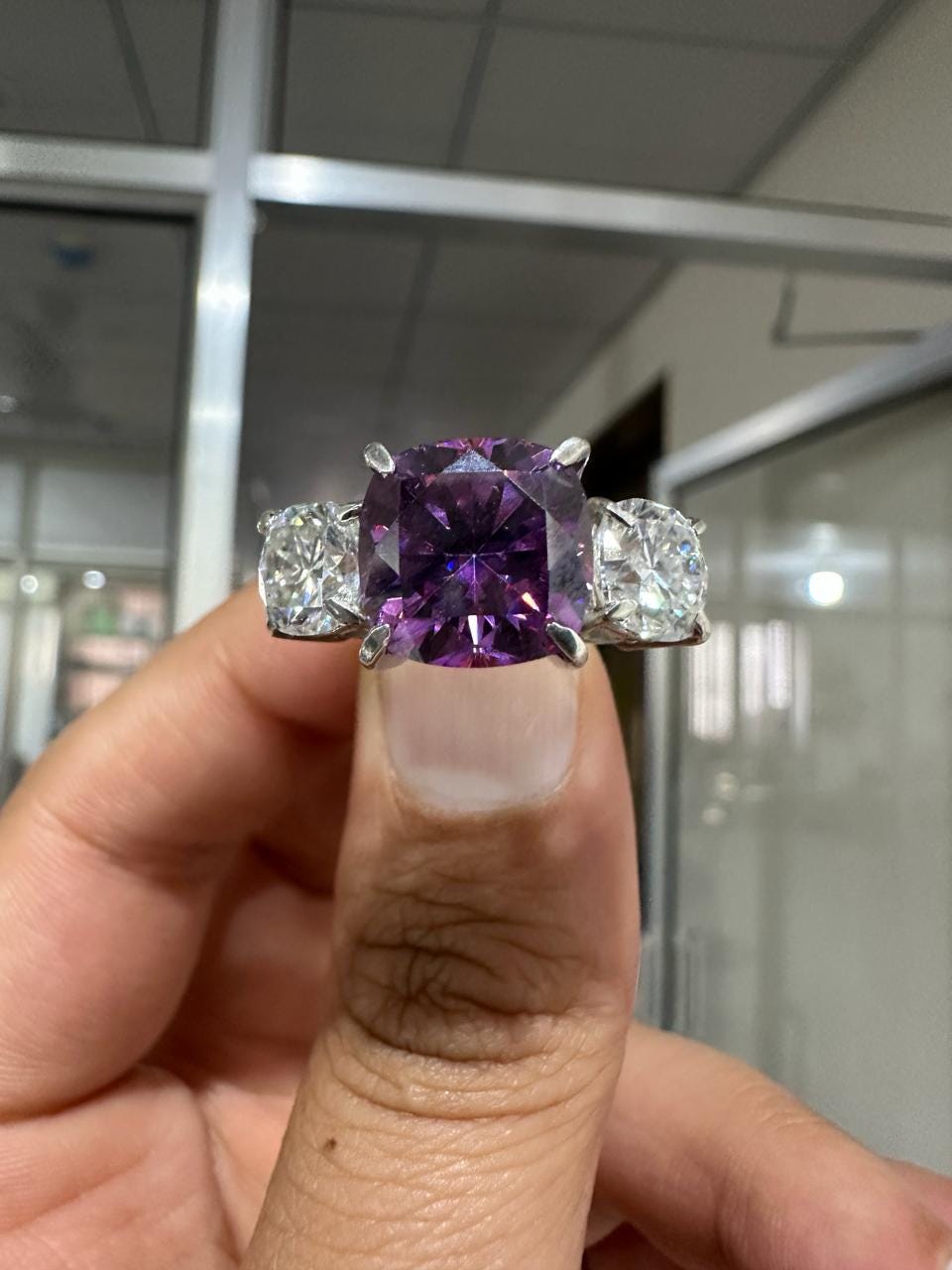 Purple Cushion Moissanite Engagement Ring | 14k Gold | Modern Wedding Three-Stone Ring