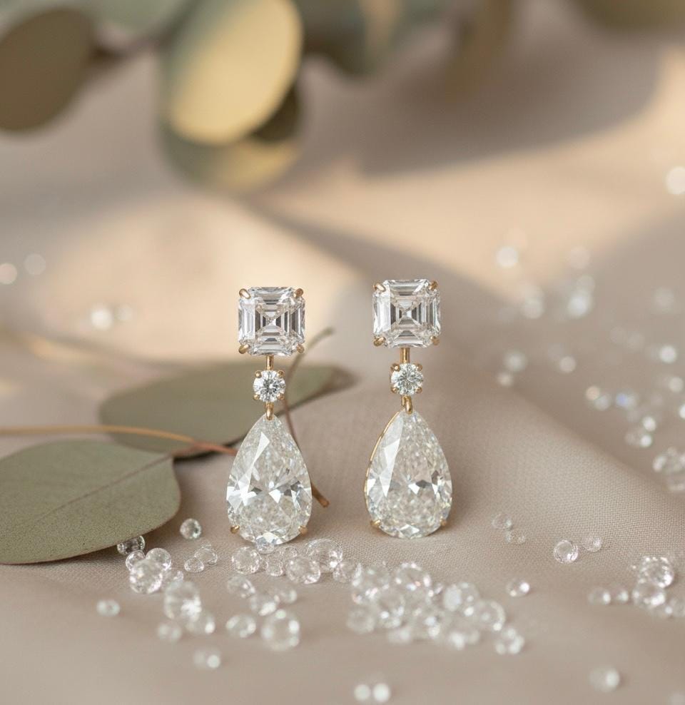 Statement Moissanite Dangle Drop Earrings: Asscher & Pear Cut, 925 Silver Gold Vermeil Wedding Jewelry