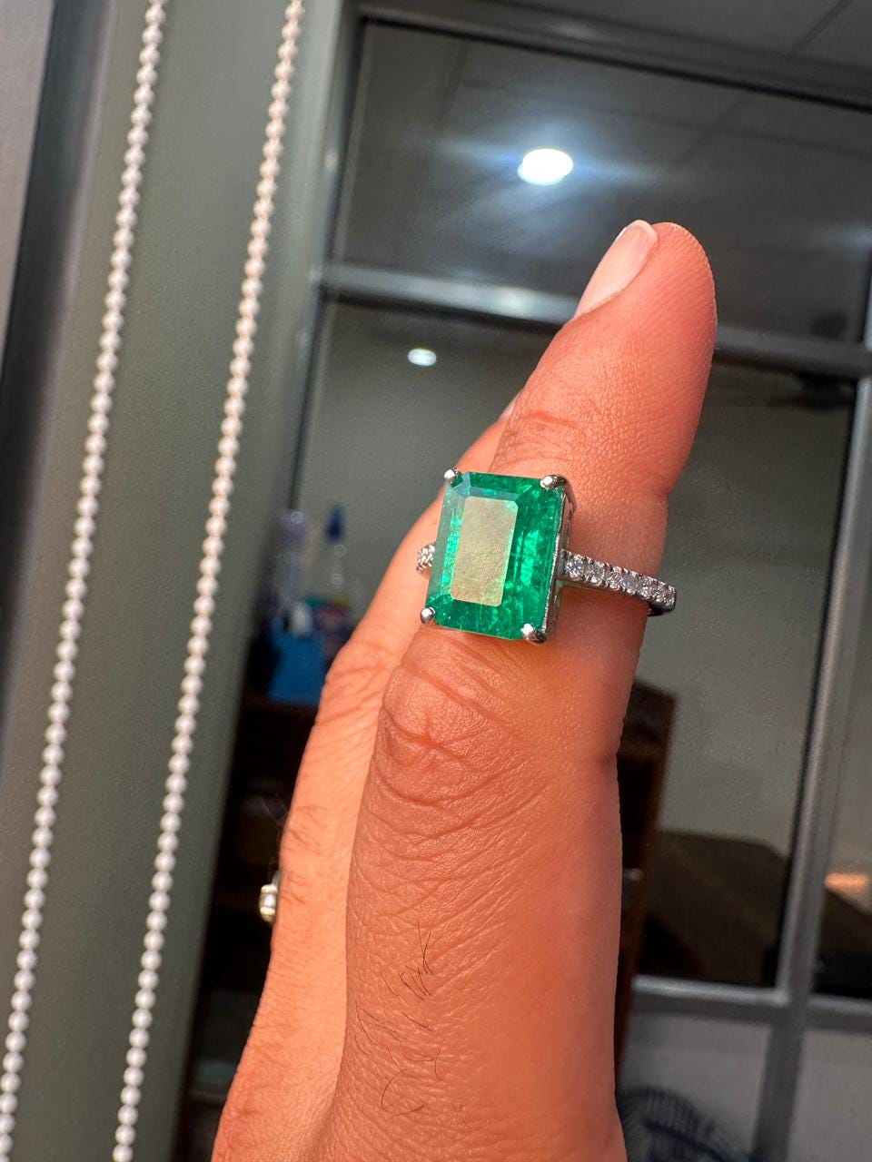 7 CT Lab Grown Colombian Emerald Engagement Ring, 14K White Gold Emerald Cut Gemstone