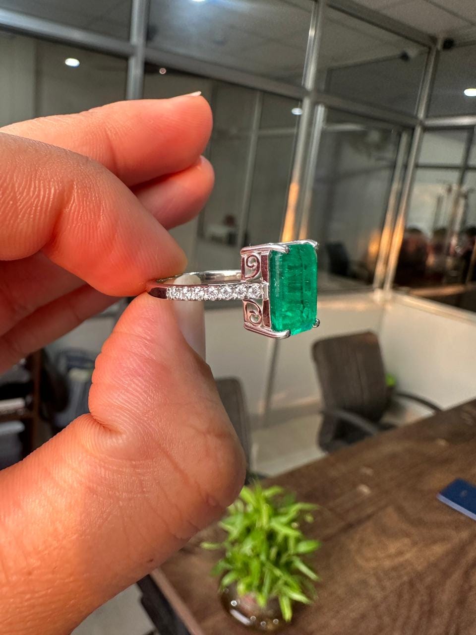 7 CT Lab Grown Colombian Emerald Engagement Ring, 14K White Gold Emerald Cut Gemstone