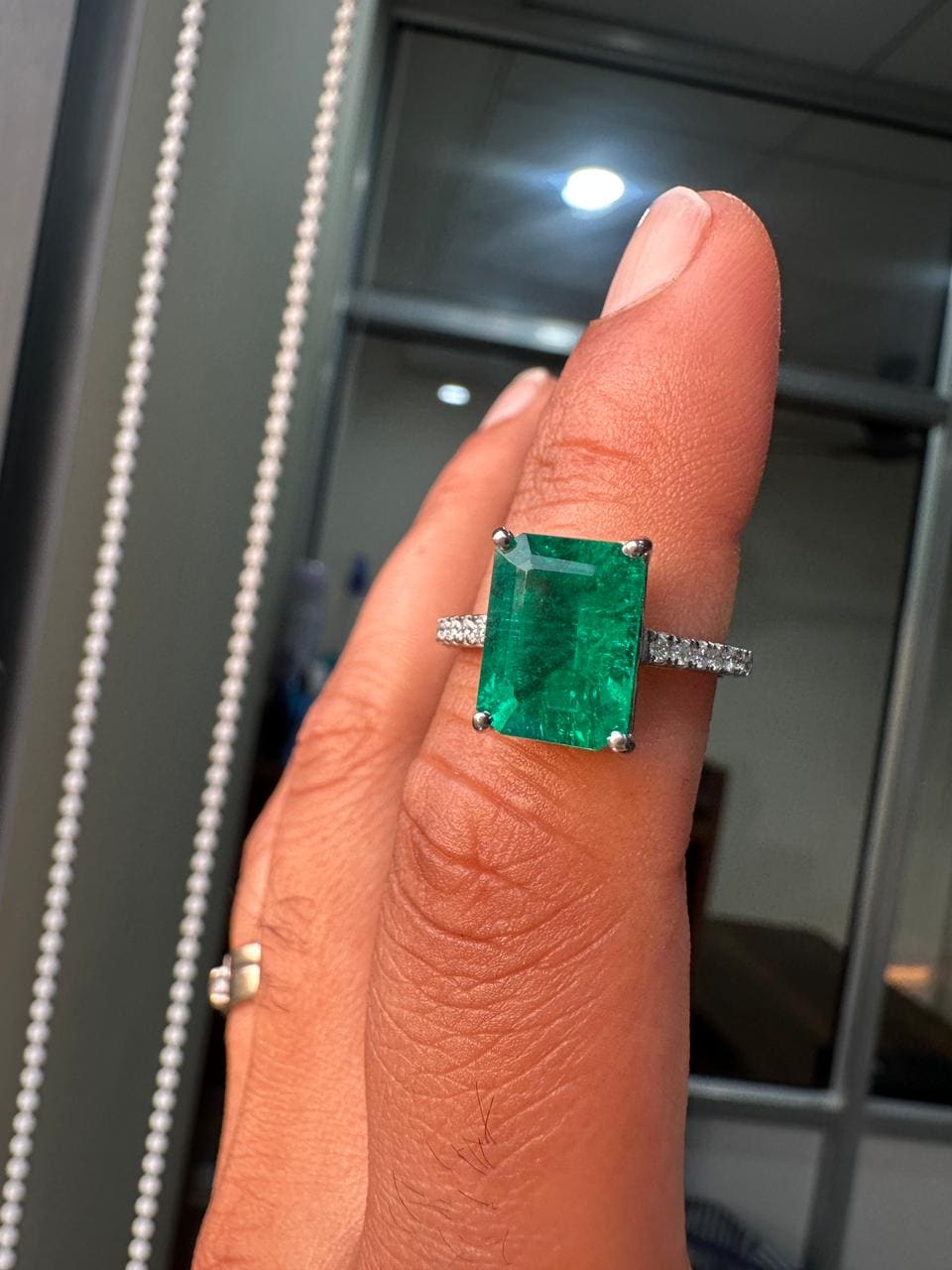 7 CT Lab Grown Colombian Emerald Engagement Ring, 14K White Gold Emerald Cut Gemstone
