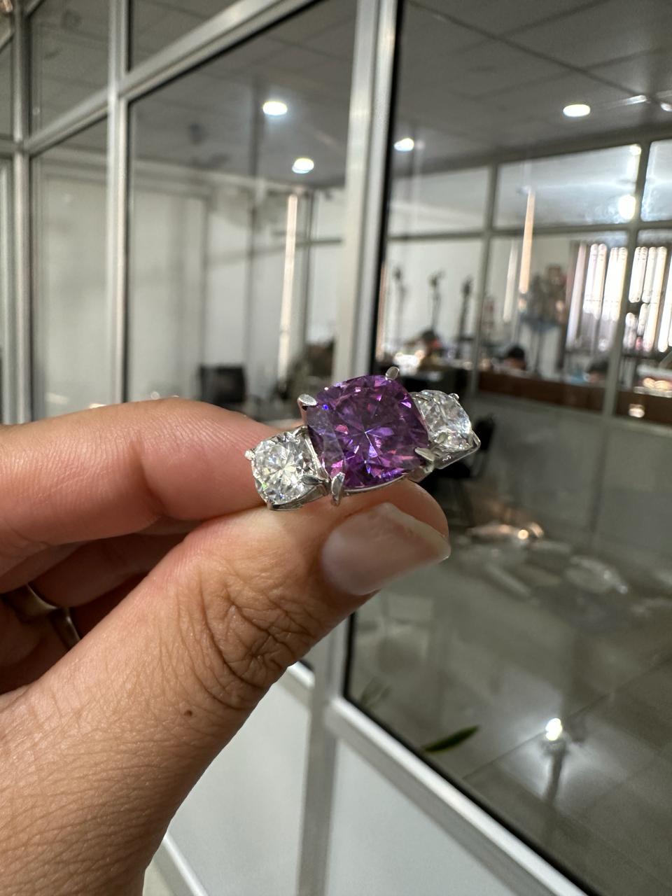 Royal Purple Cushion cut Moissanite Three Stone Ring | 14k White Gold, 8 Ct Ring
