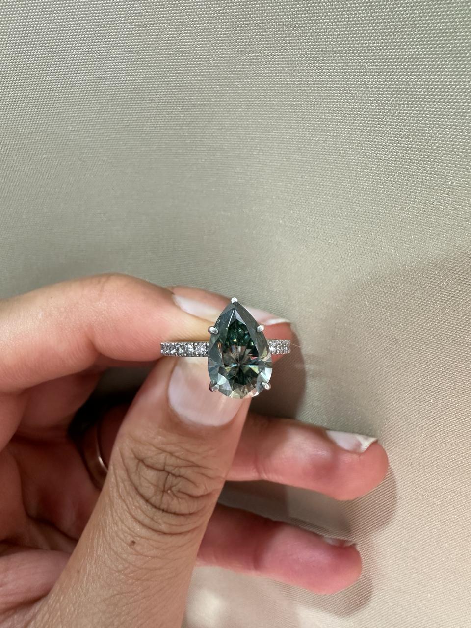 Pear Cut Alexandrite Moissanite Engagement Ring | 14K White Gold Color Changing Bridal Ring