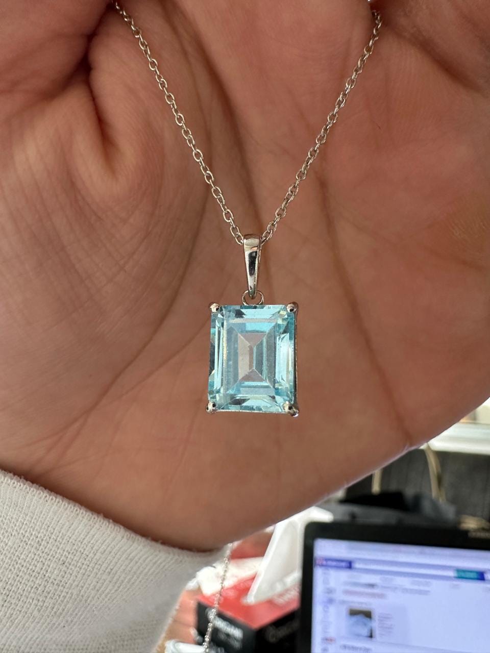 5CT Emerald Cut Aquamarine Pendant | 14K White Gold Necklace, March Birthstone