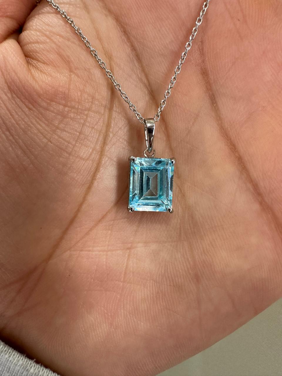 5CT Emerald Cut Aquamarine Pendant | 14K White Gold Necklace, March Birthstone