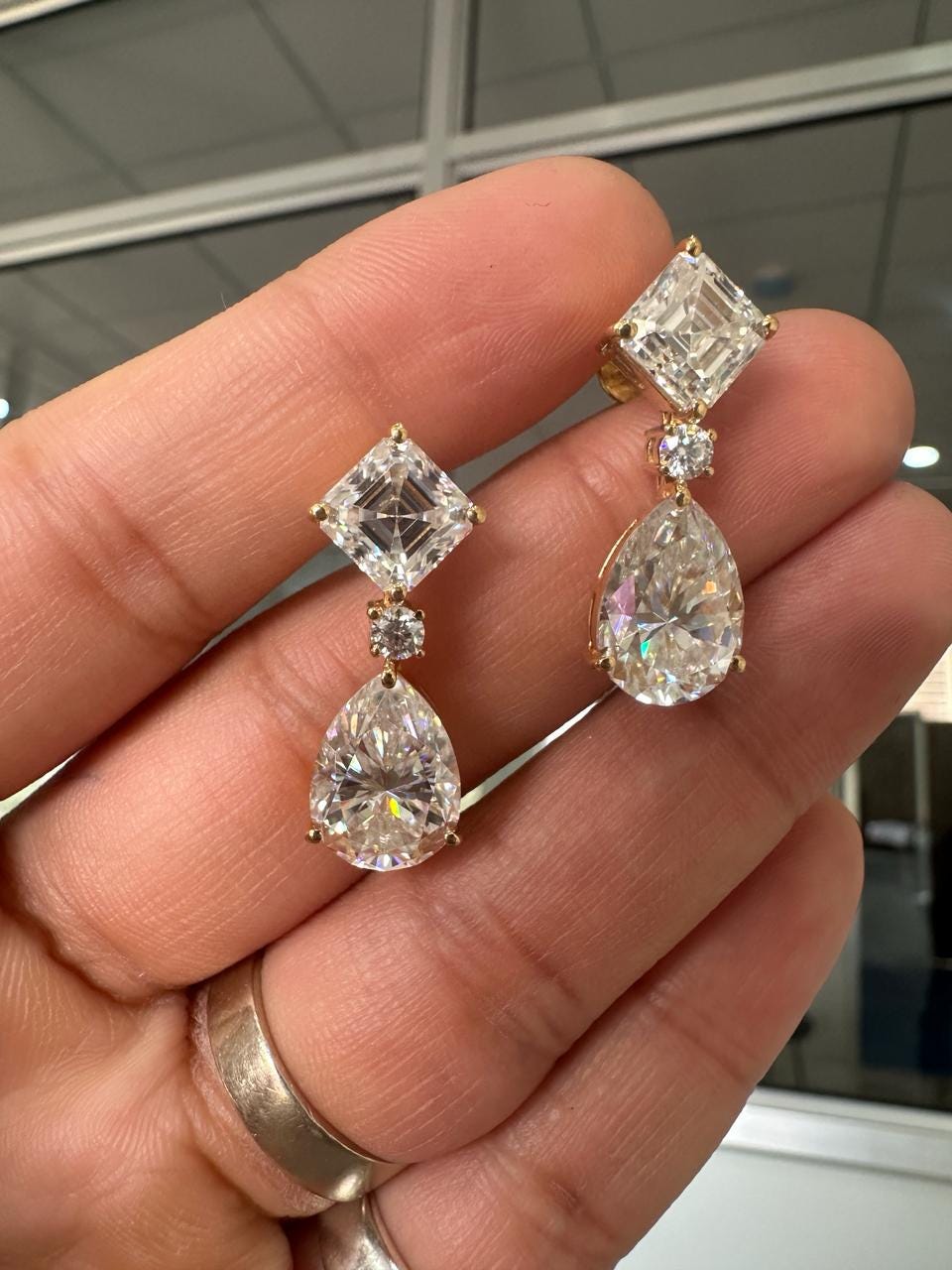 9k Moissanite Drop Earrings: Asscher & Pear Cut, Bridal Jewelry, Cocktail Earrings