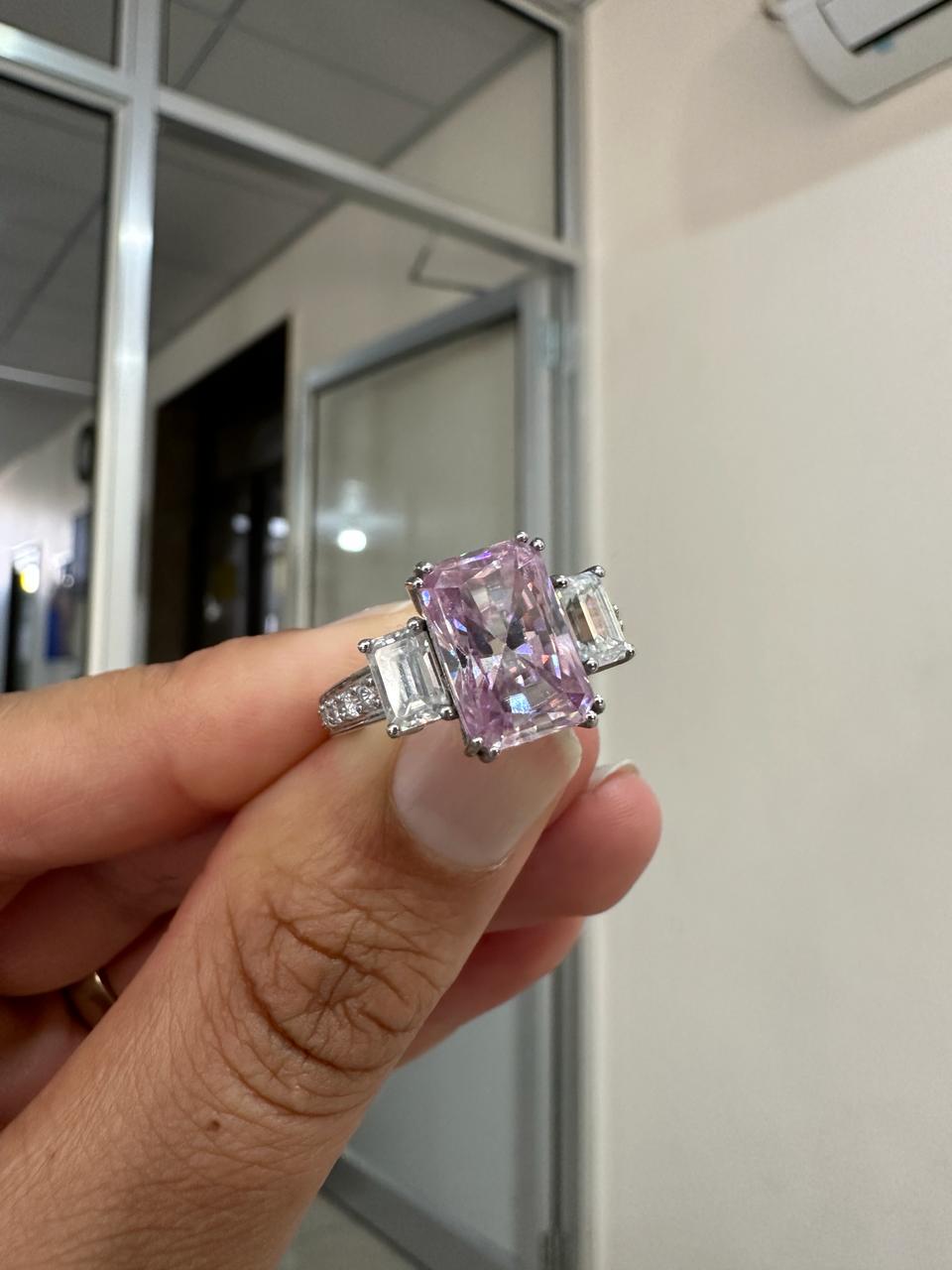Radiant Lavender Moissanite Engagement Ring | 5 Carat Three Stone 10K White Gold Ring