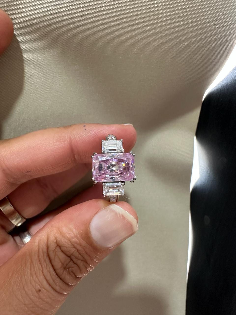 Radiant Lavender Moissanite Engagement Ring | 5 Carat Three Stone 10K White Gold Ring