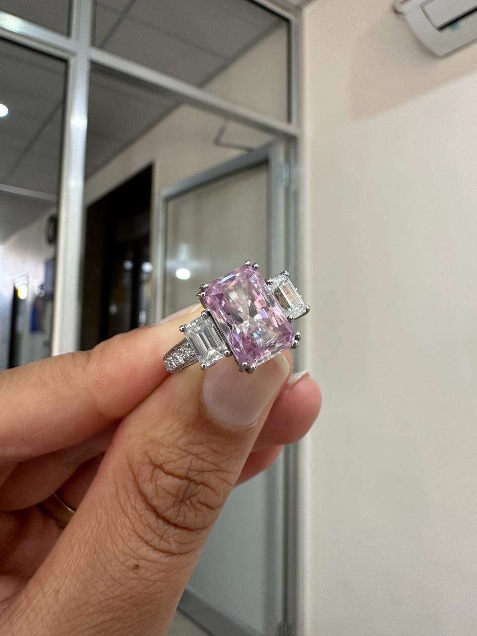 Radiant Lavender Moissanite Engagement Ring | 5 Carat Three Stone 10K White Gold Ring