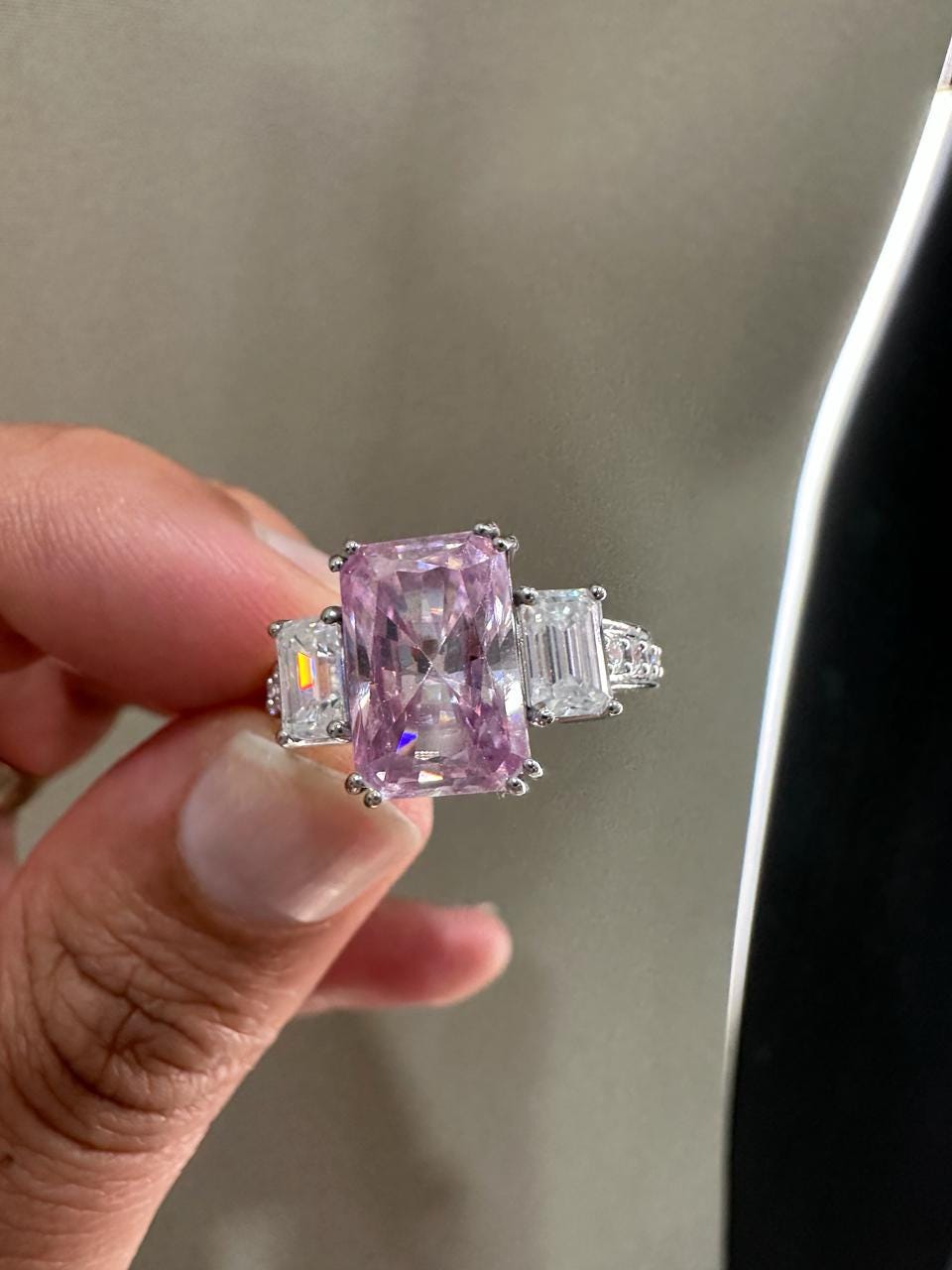 Radiant Lavender Moissanite Engagement Ring | 5 Carat Three Stone 10K White Gold Ring