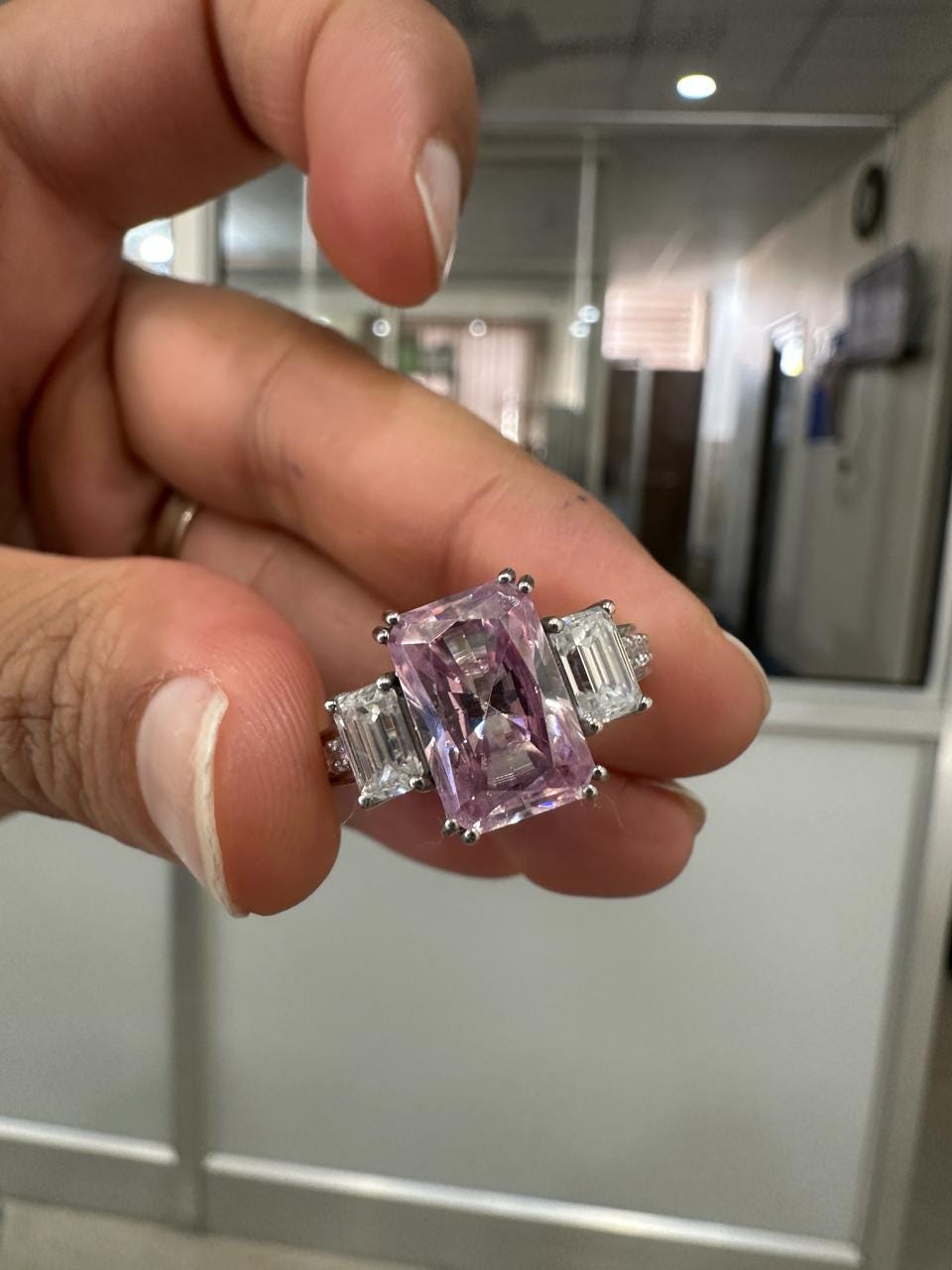 Radiant Lavender Moissanite Engagement Ring | 5 Carat, 10K White Gold, Three Stone Ring