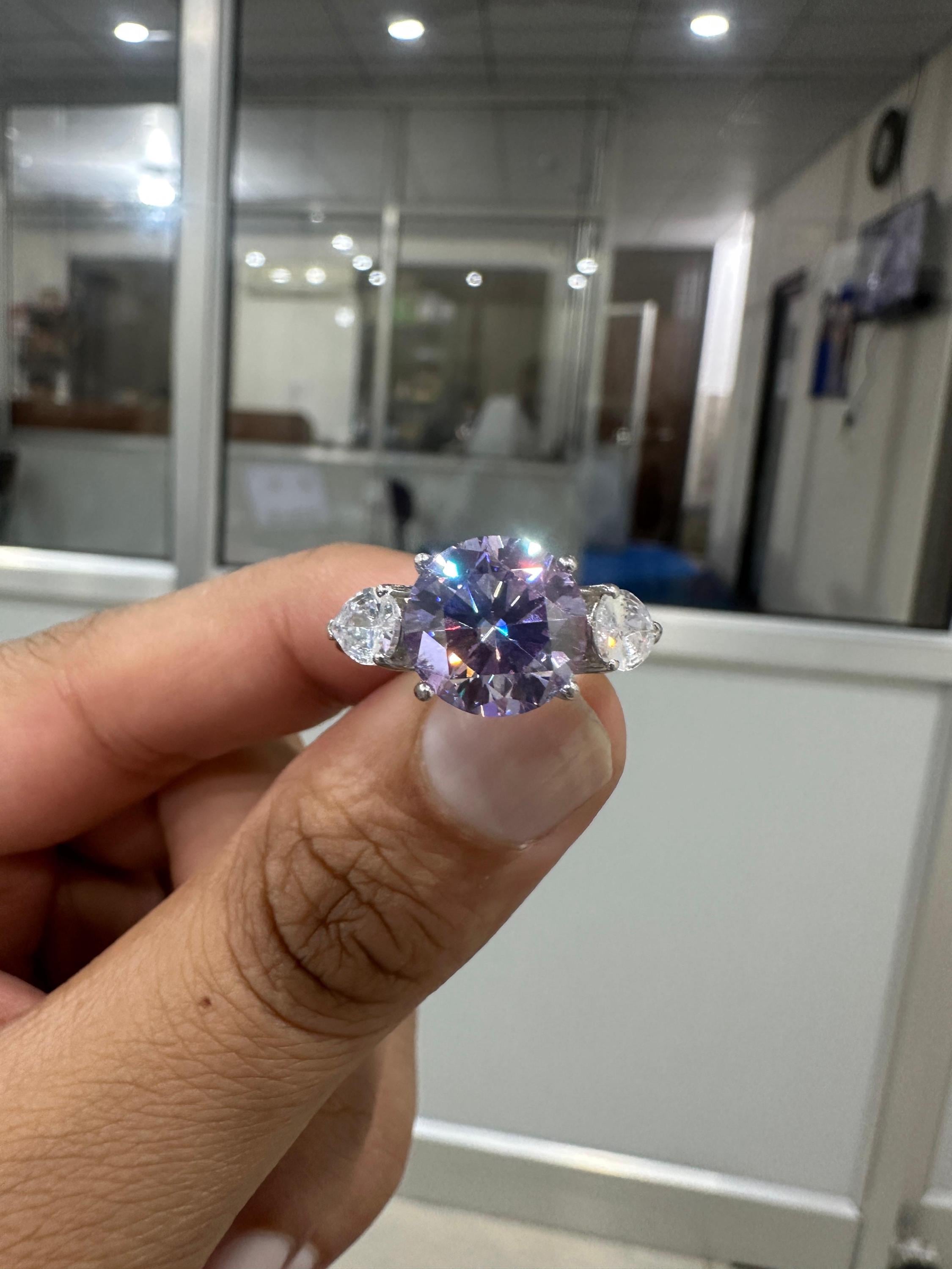 Lavender Moissanite Engagement Ring | Sterling Silver Three-Stone Ring